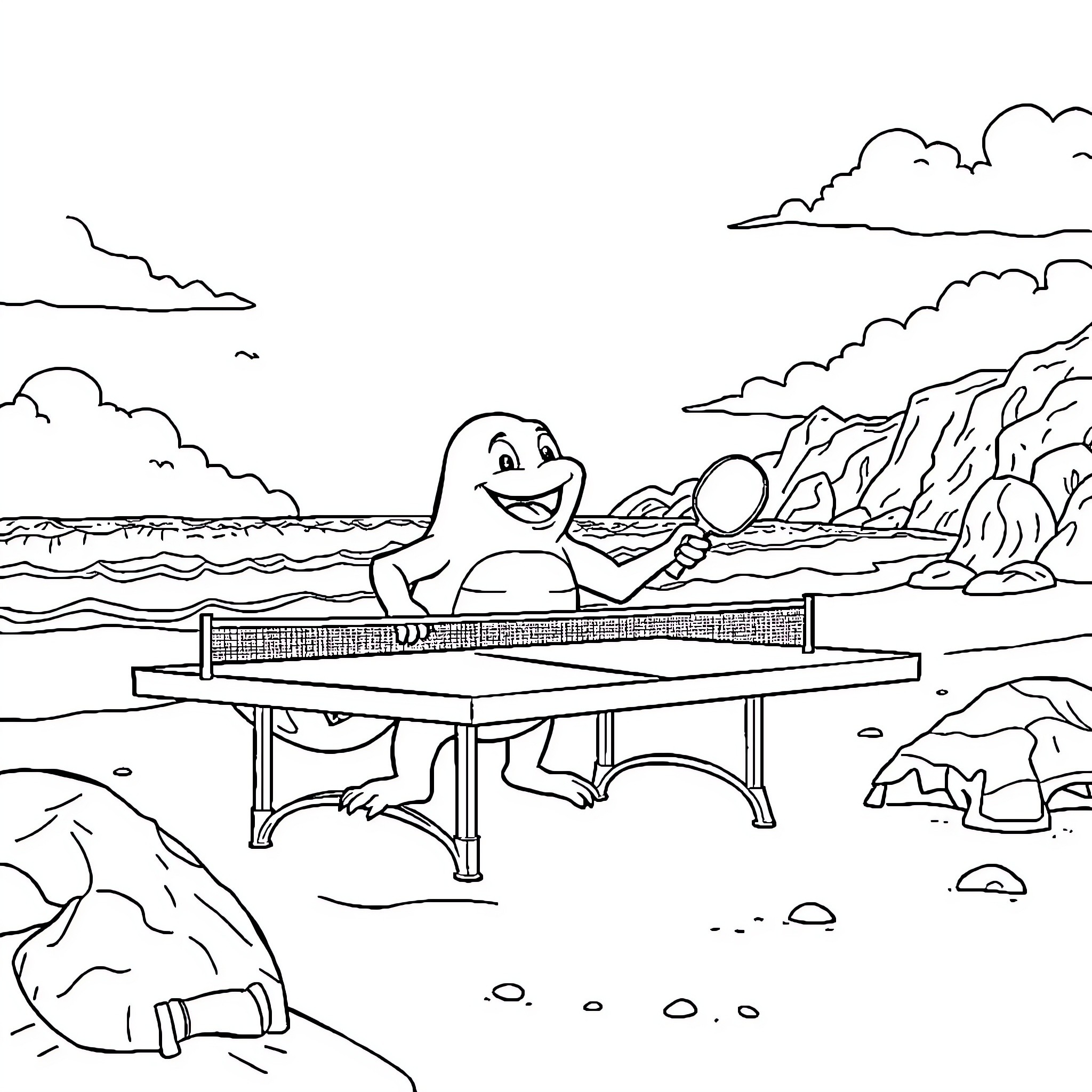 Salamèche playing table tennis on the beach Coloring Page (free black-and-white line drawing printable PDF for all, from beginners to advanced learners, including children, teens, adults, and seniors)