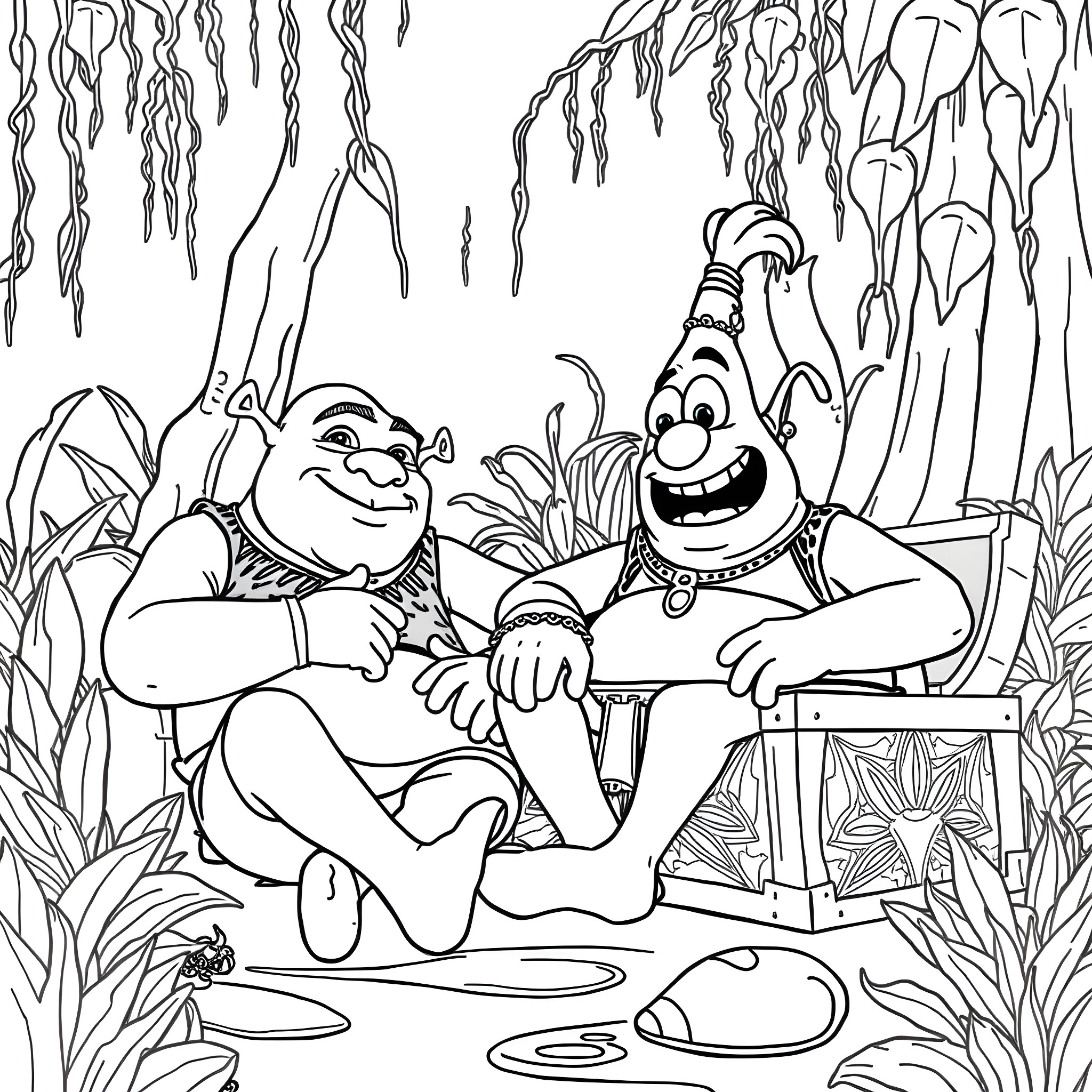 Shrek and Donkey relaxing in the swamp Coloring Page (free black-and-white line drawing printable PDF for all, from beginners to advanced learners, including children, teens, adults, and seniors)