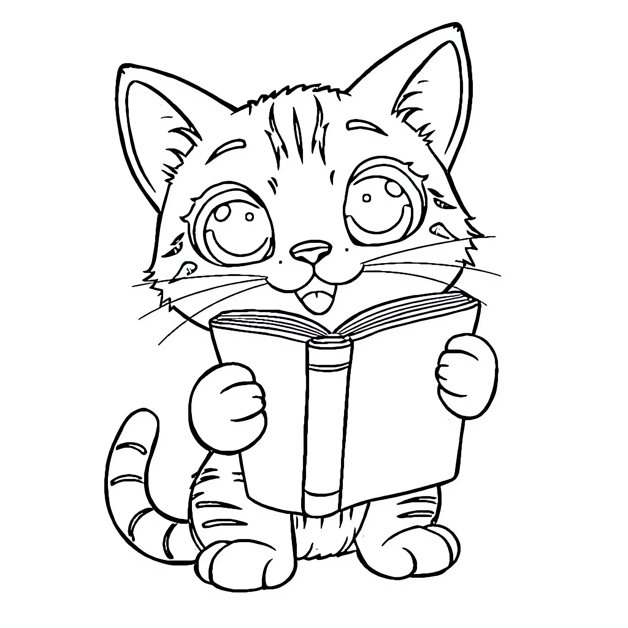 Cat reading a book happily Coloring Page (free black-and-white line drawing printable PDF for all, from beginners to advanced learners, including children, teens, adults, and seniors)