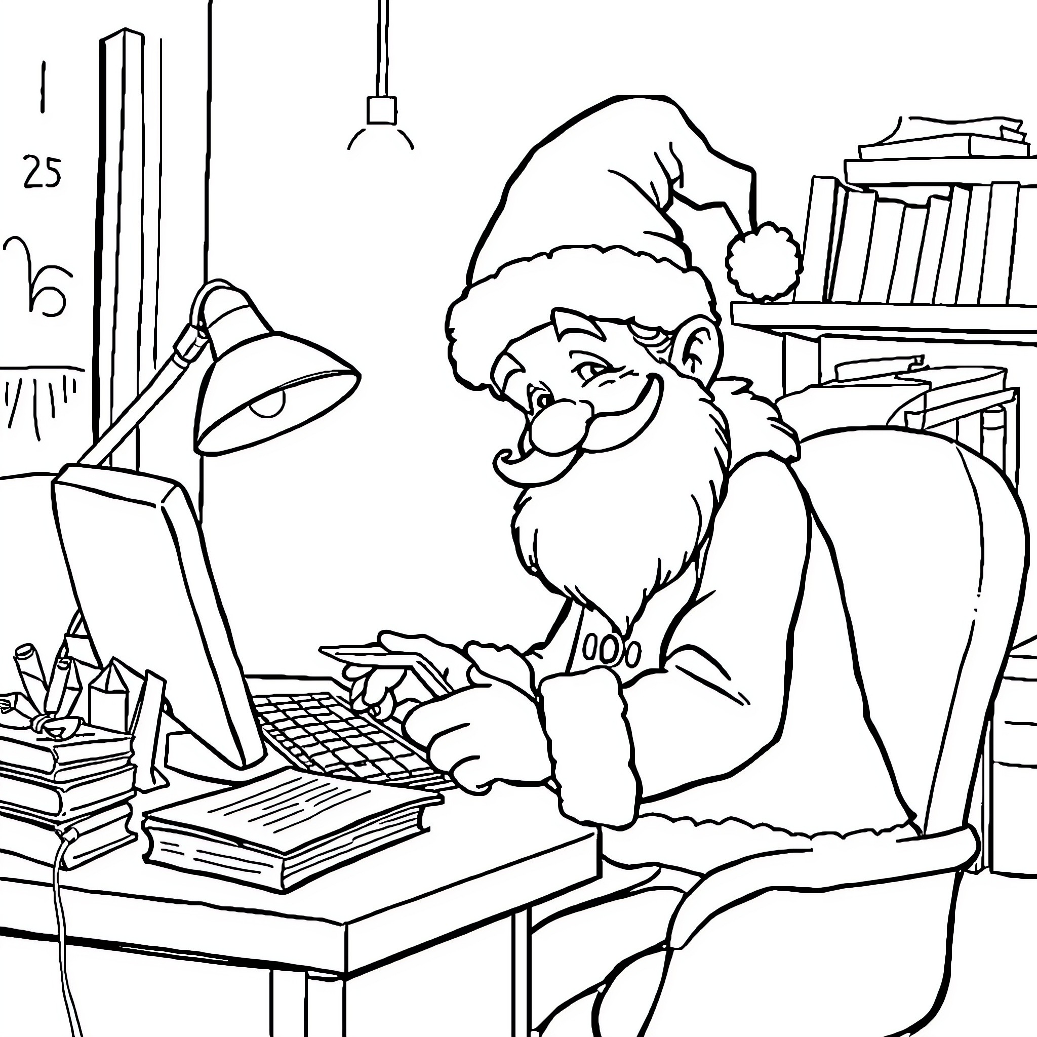 Christmas Goblin working at a desk with books and lamps Coloring Page (free black-and-white line drawing printable PDF for all, from beginners to advanced learners, including children, teens, adults, and seniors)