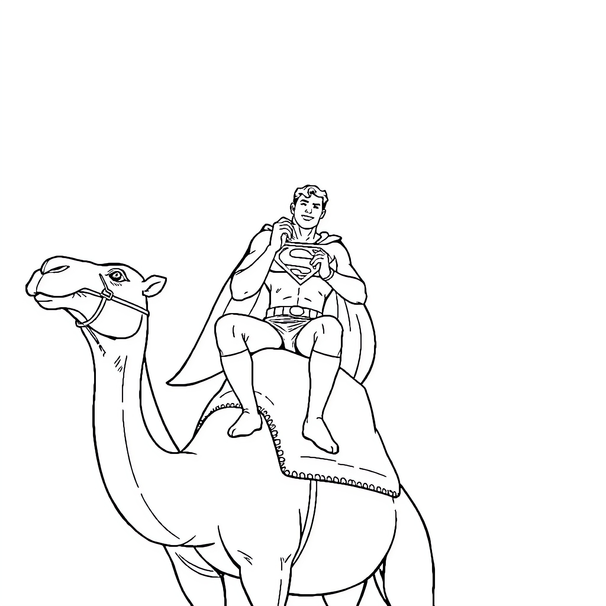 Superman riding a camel in the desert Coloring Page (free black-and-white line drawing printable PDF for all, from beginners to advanced learners, including children, teens, adults, and seniors)