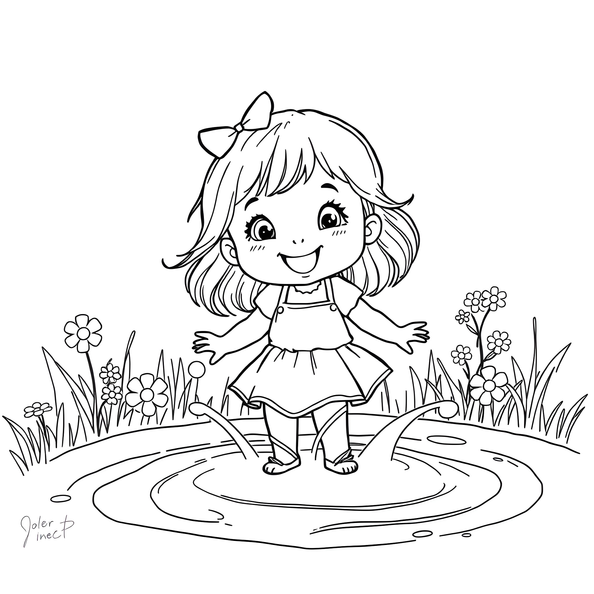 Girl enjoying a sunny day in the garden Coloring Page (free black-and-white line drawing printable PDF for all, from beginners to advanced learners, including children, teens, adults, and seniors)