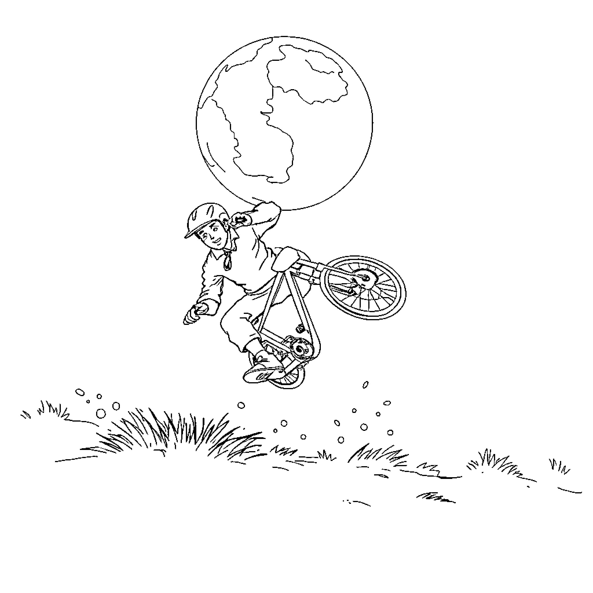 Bike rider exploring the world Coloring Page (free black-and-white line drawing printable PDF for all, from beginners to advanced learners, including children, teens, adults, and seniors)