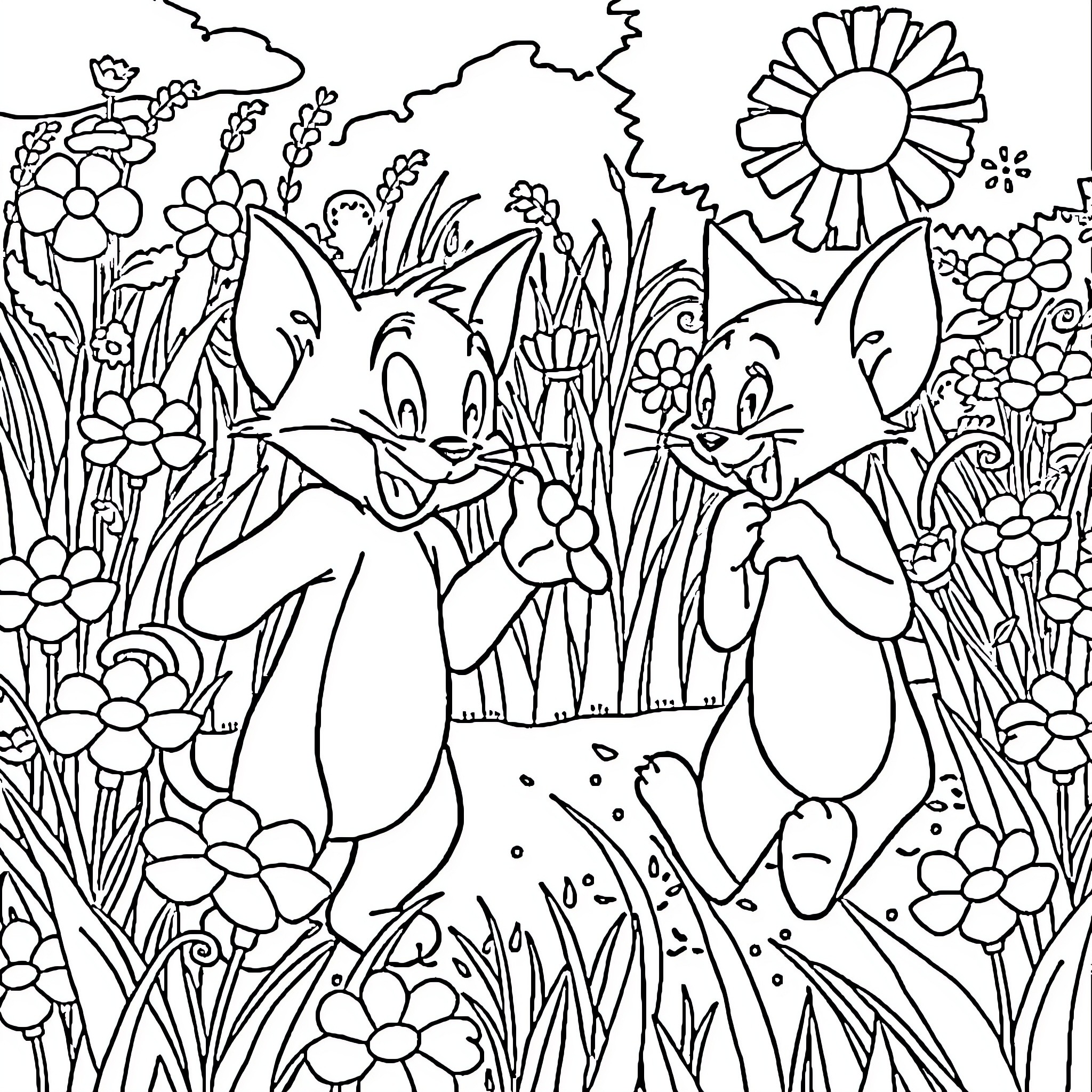 Tom and Jerry's Flowery Adventure Coloring Page (free black-and-white line drawing printable PDF for all, from beginners to advanced learners, including children, teens, adults, and seniors)
