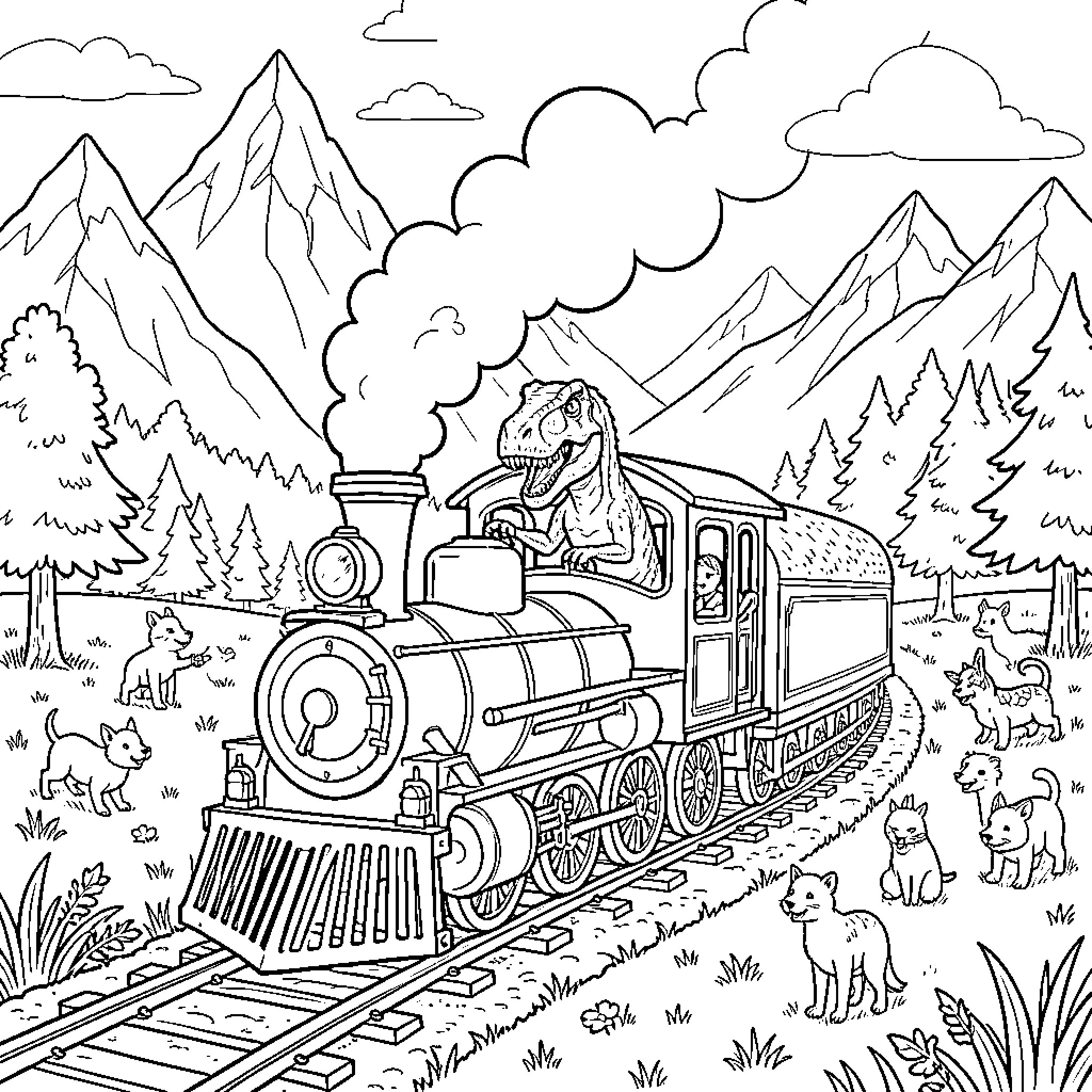 T-Rex driving a steam train through mountains Coloring Page (free black-and-white line drawing printable PDF for all, from beginners to advanced learners, including children, teens, adults, and seniors)