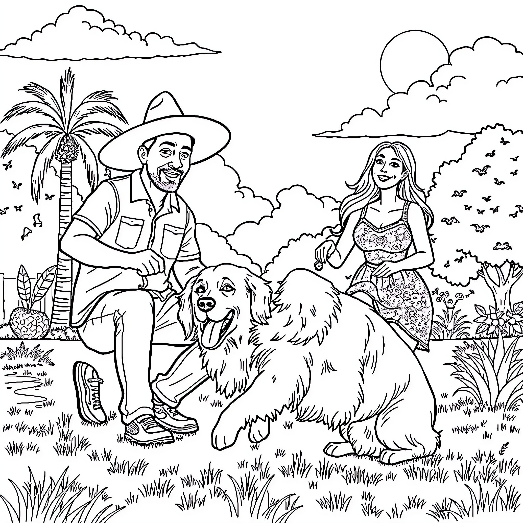 Golden Retriever enjoying a day with owners in nature Coloring Page (free black-and-white line drawing printable PDF for all, from beginners to advanced learners, including children, teens, adults, and seniors)