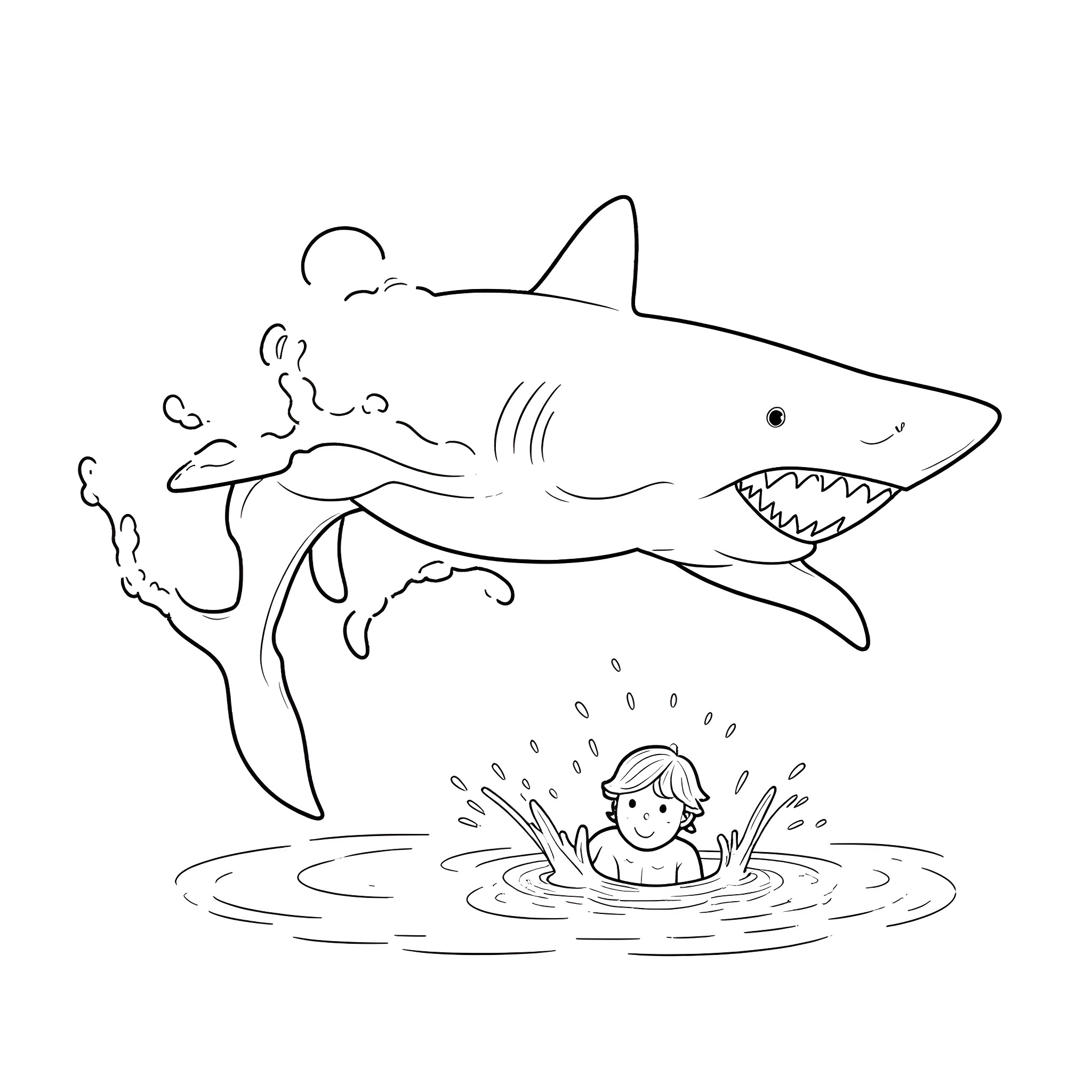 Shark chasing a person in the water Coloring Page (free black-and-white line drawing printable PDF for all, from beginners to advanced learners, including children, teens, adults, and seniors)