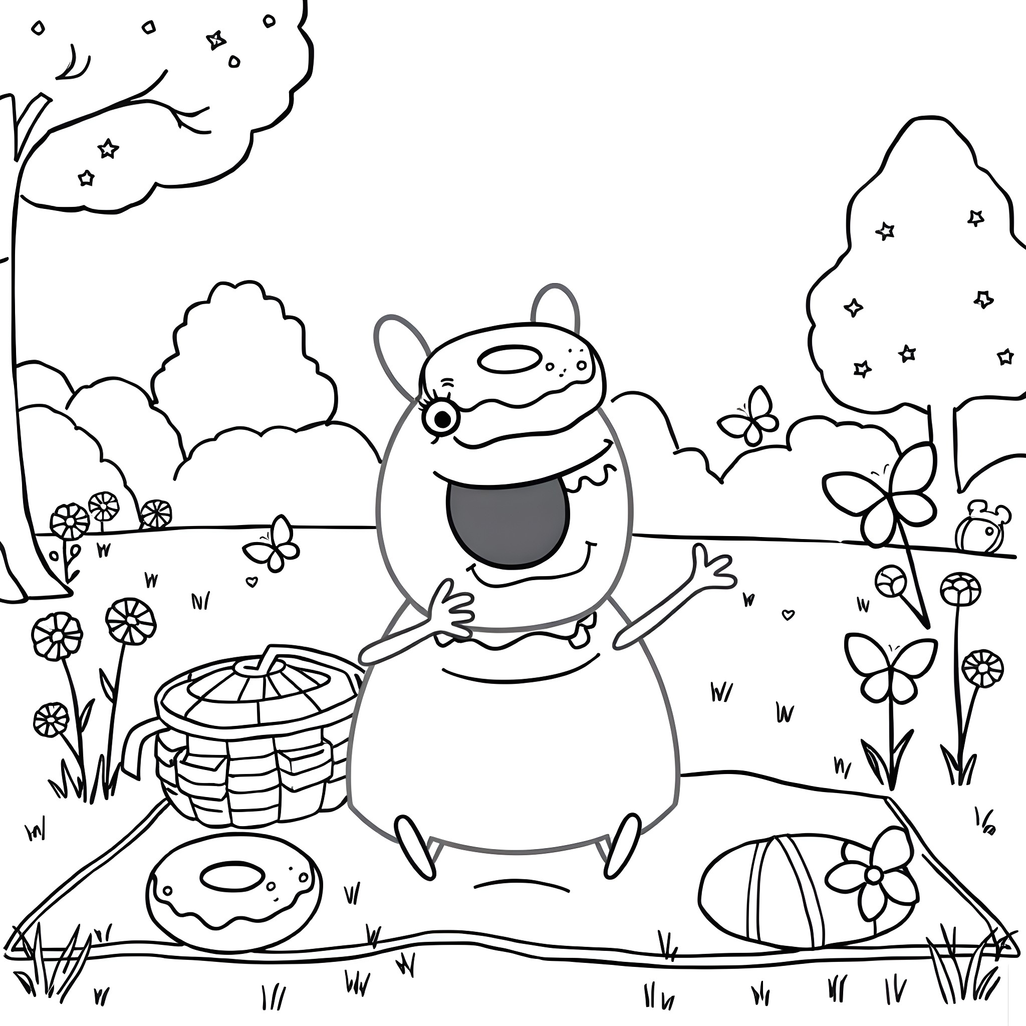 Peppa Pig enjoying a picnic in the countryside Coloring Page (free black-and-white line drawing printable PDF for all, from beginners to advanced learners, including children, teens, adults, and seniors)