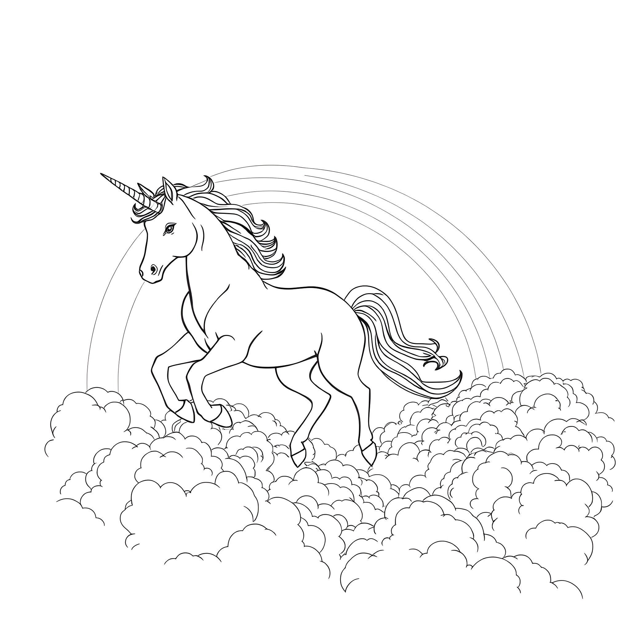 Unicorn prancing among clouds in the sky Coloring Page (free black-and-white line drawing printable PDF for all, from beginners to advanced learners, including children, teens, adults, and seniors)