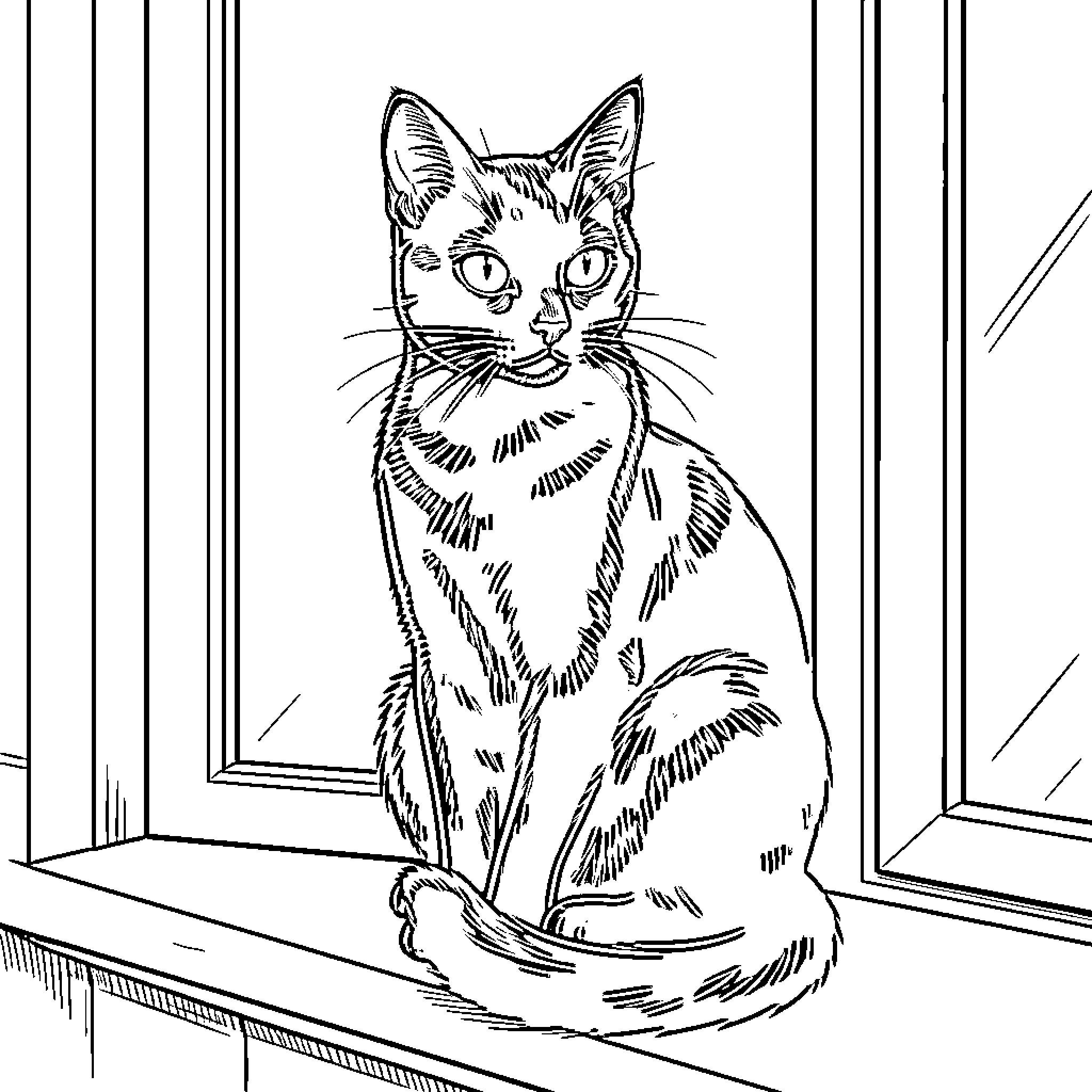 Cat gazing through the window Coloring Page (free black-and-white line drawing printable PDF for all, from beginners to advanced learners, including children, teens, adults, and seniors)