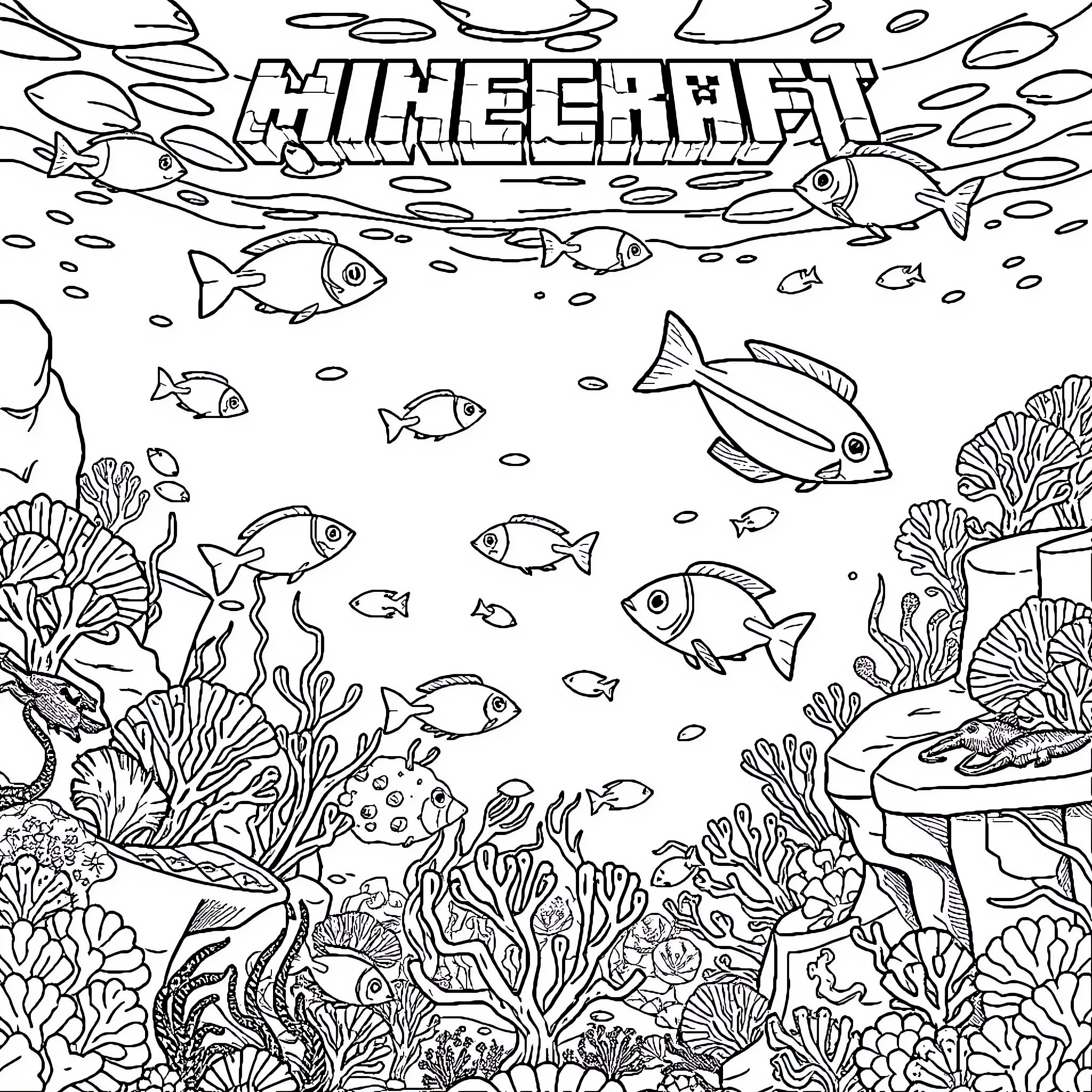 Minecraft underwater scene with schools of fish Coloring Page (free black-and-white line drawing printable PDF for all, from beginners to advanced learners, including children, teens, adults, and seniors)