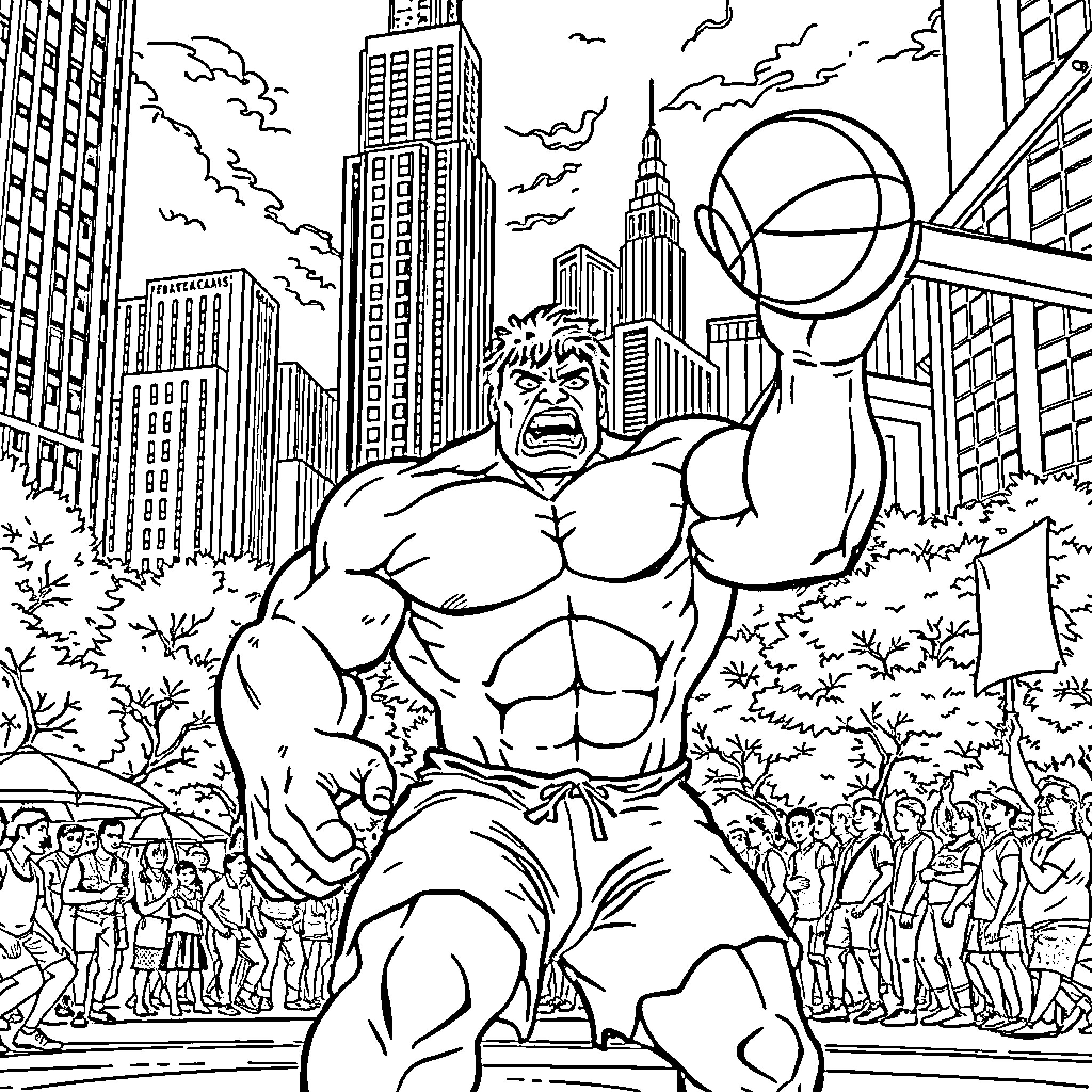 Hulk smashes through the city skyline Coloring Page (free black-and-white line drawing printable PDF for all, from beginners to advanced learners, including children, teens, adults, and seniors)