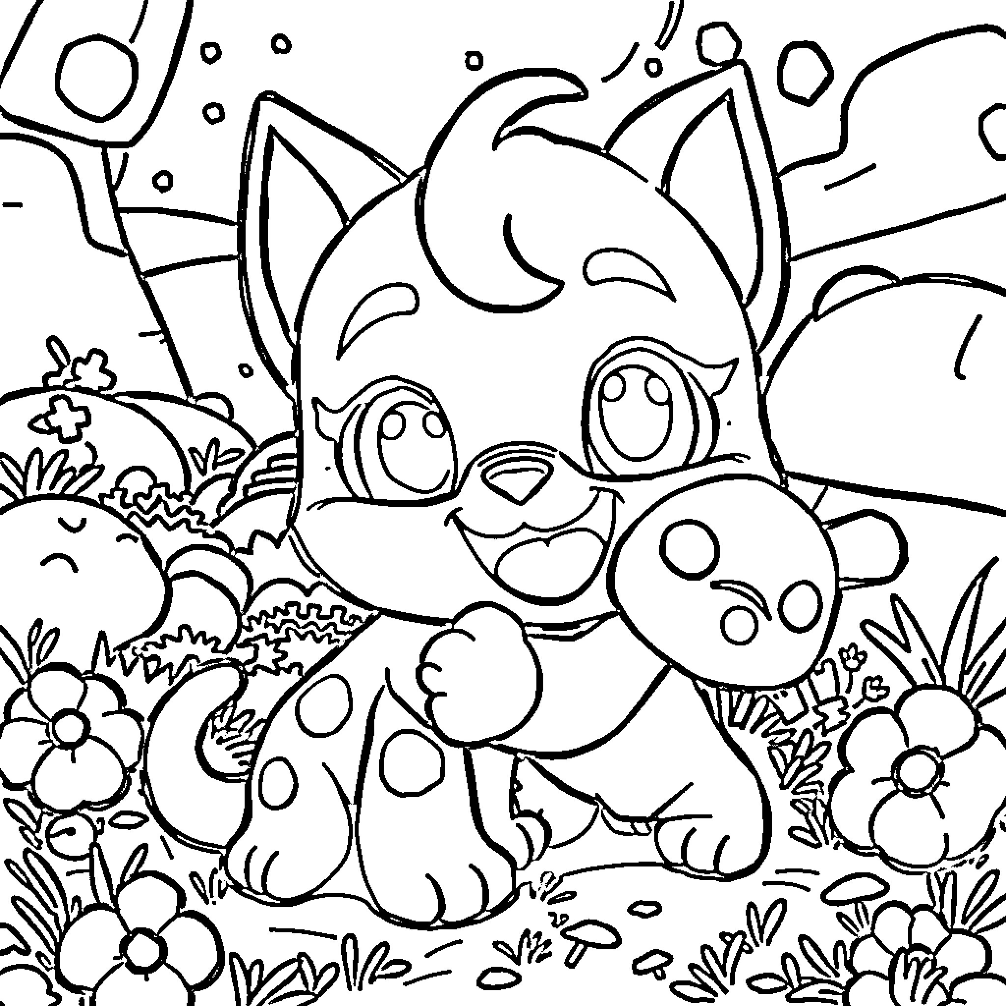 Squeak the playful puppy in a garden Coloring Page (free black-and-white line drawing printable PDF for all, from beginners to advanced learners, including children, teens, adults, and seniors)