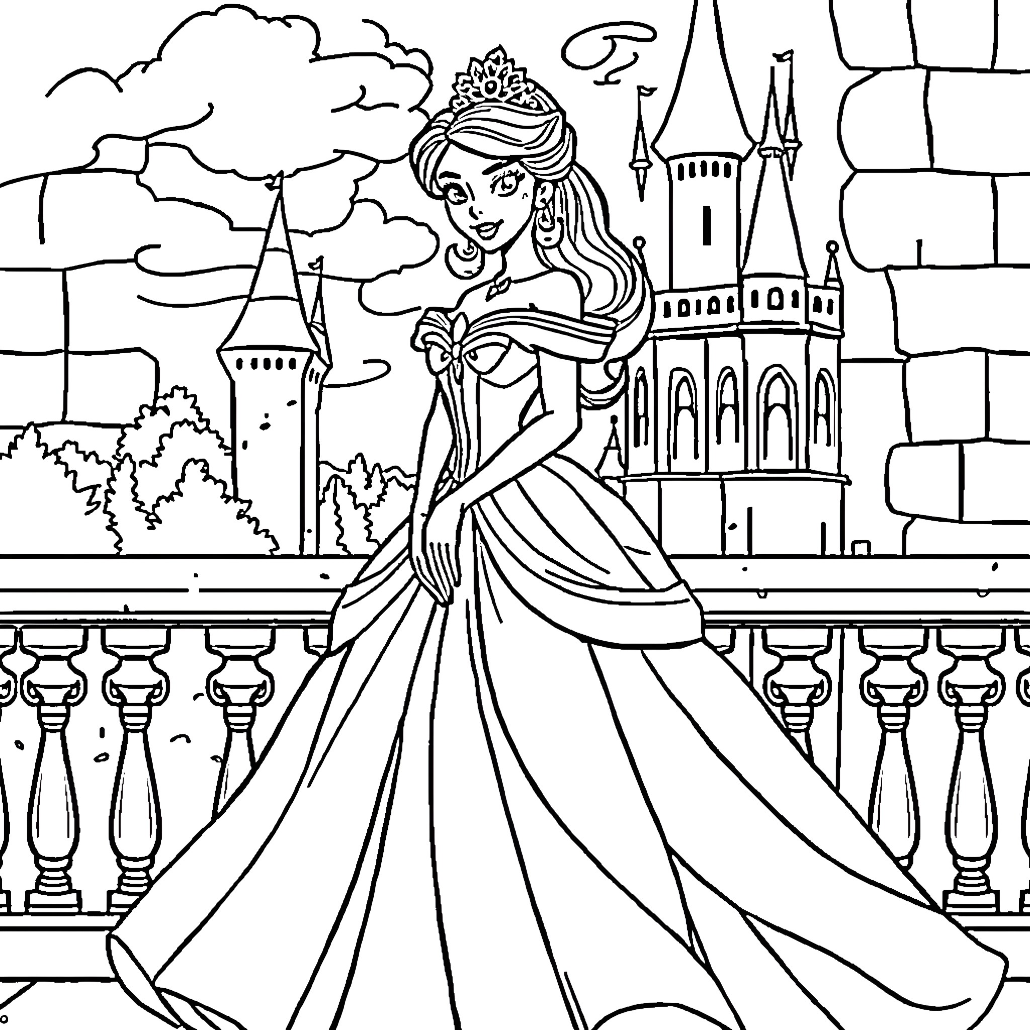Princess in a Majestic Castle Setting Coloring Page (free black-and-white line drawing printable PDF for all, from beginners to advanced learners, including children, teens, adults, and seniors)