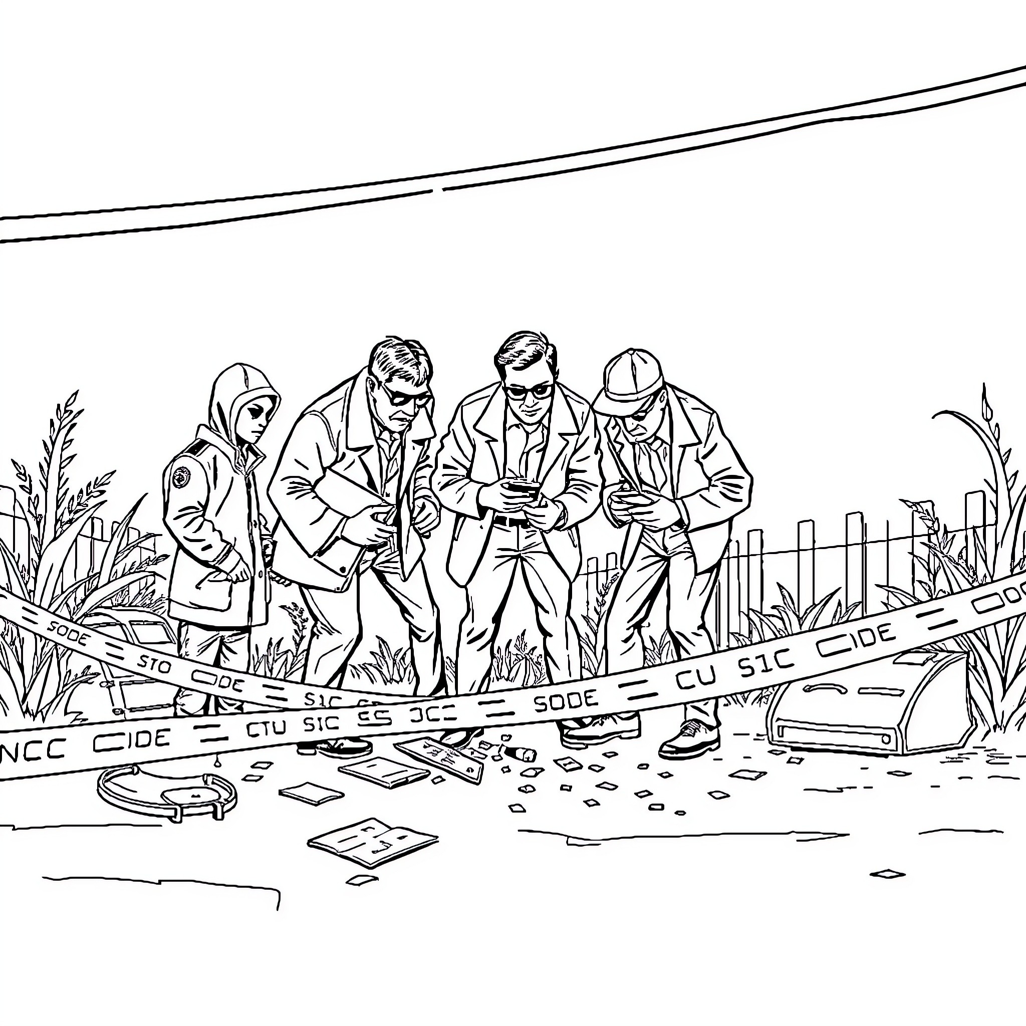 Investigator team examining crime scene Coloring Page (free black-and-white line drawing printable PDF for all, from beginners to advanced learners, including children, teens, adults, and seniors)