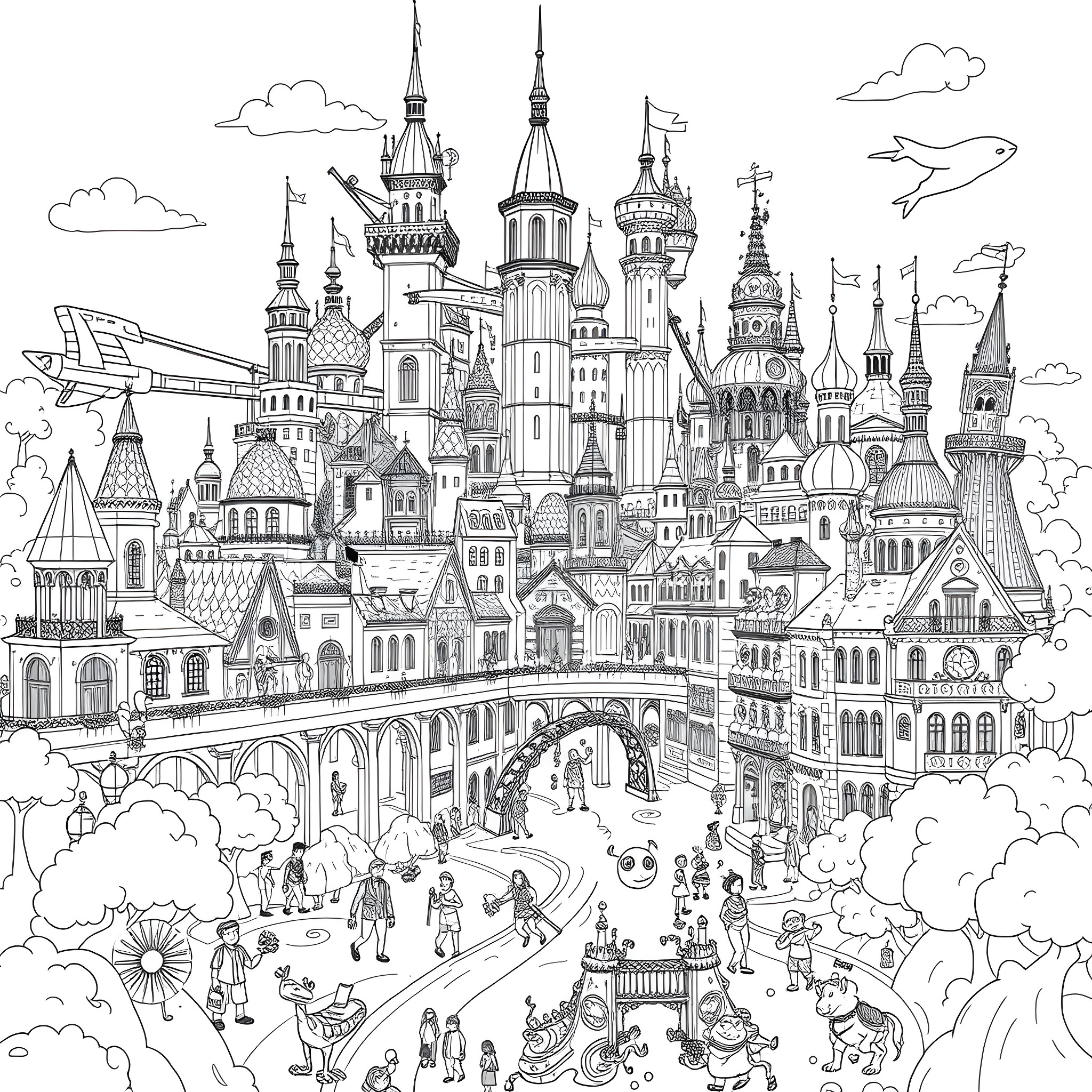 Titopolis: A Whimsical Cityscape of Fantastical Architecture and Lively Characters Coloring Page (free black-and-white line drawing printable PDF for all, from beginners to advanced learners, including children, teens, adults, and seniors)