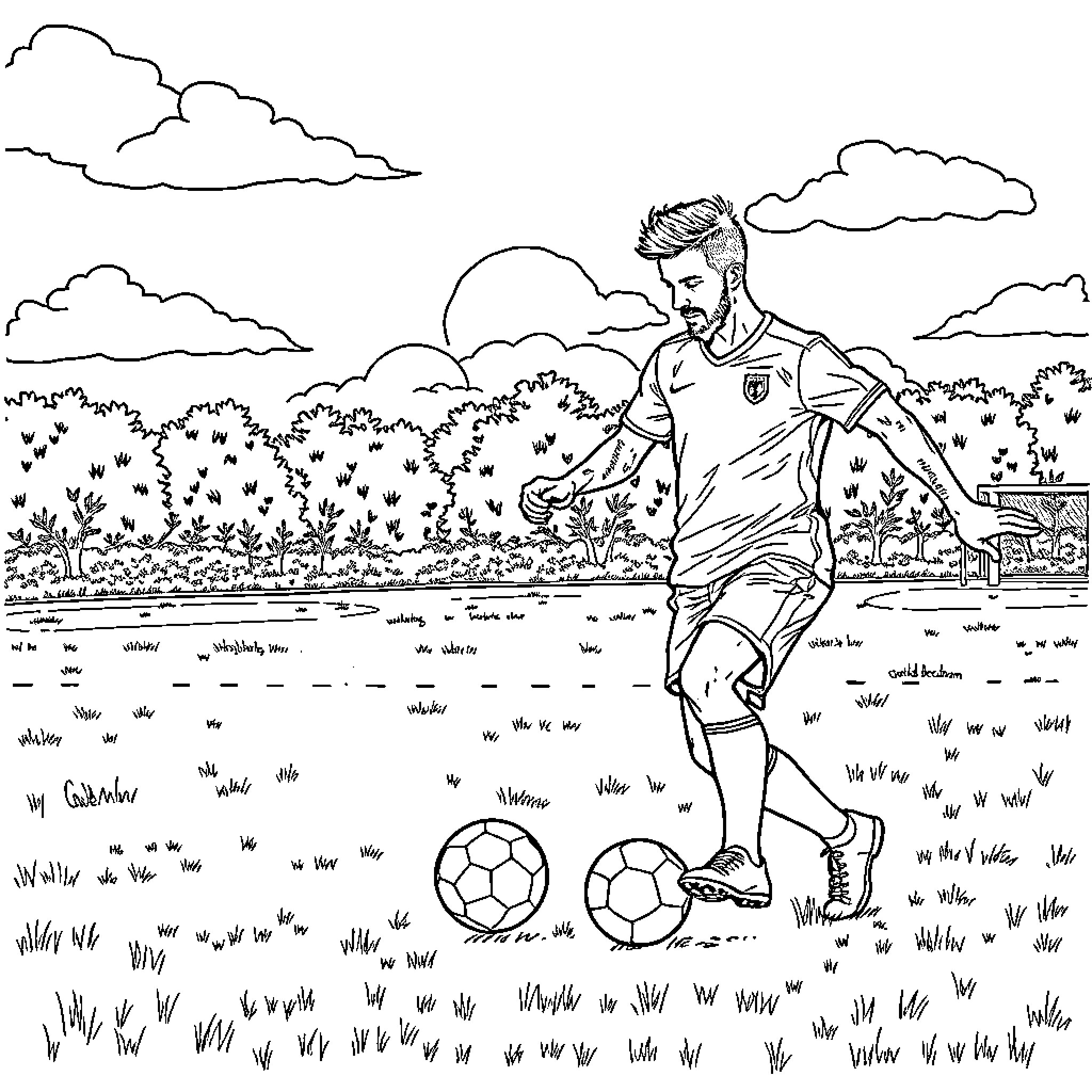 David Beckham Playing Soccer on the Field Coloring Page (free black-and-white line drawing printable PDF for all, from beginners to advanced learners, including children, teens, adults, and seniors)