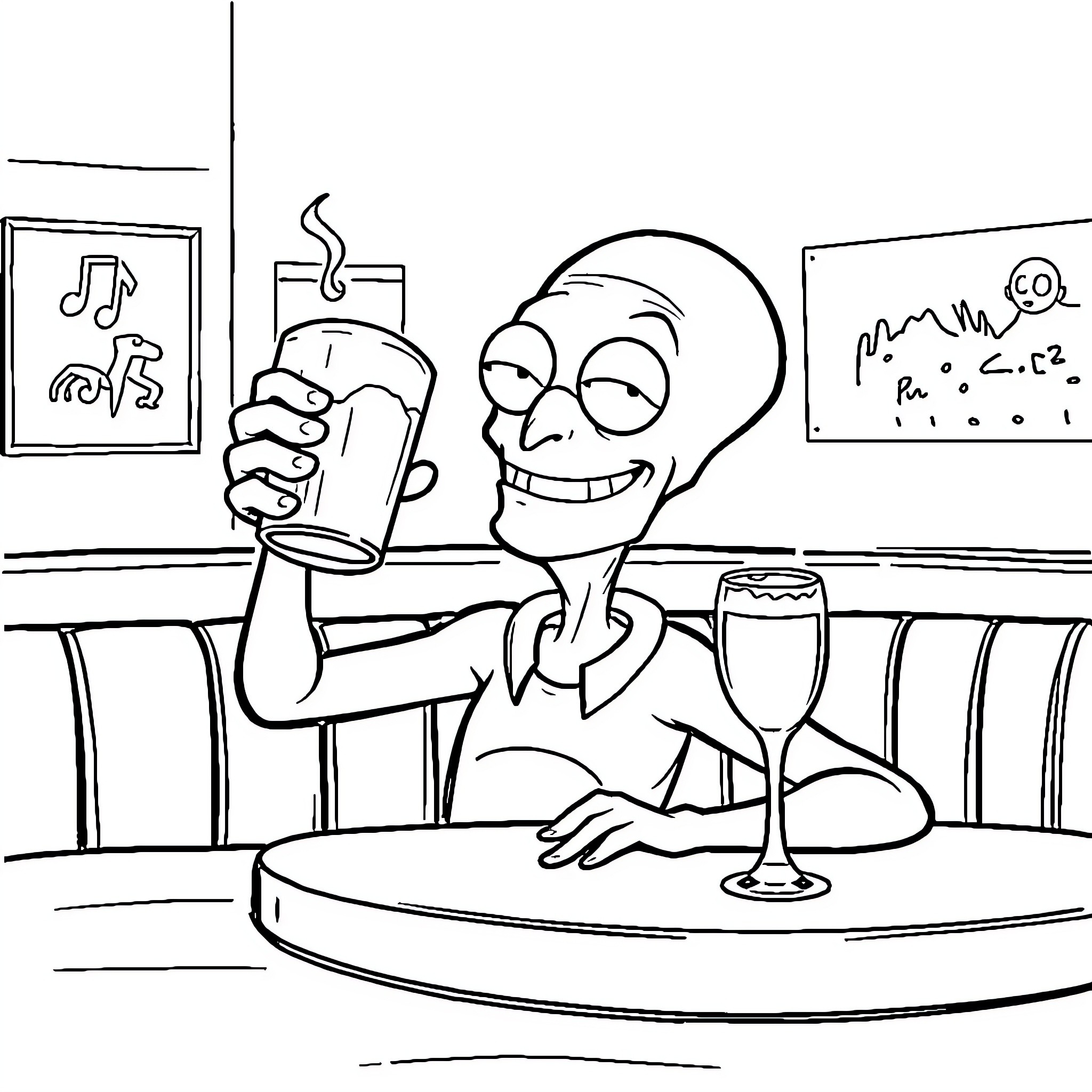 Roger enjoying a drink at the bar Coloring Page (free black-and-white line drawing printable PDF for all, from beginners to advanced learners, including children, teens, adults, and seniors)