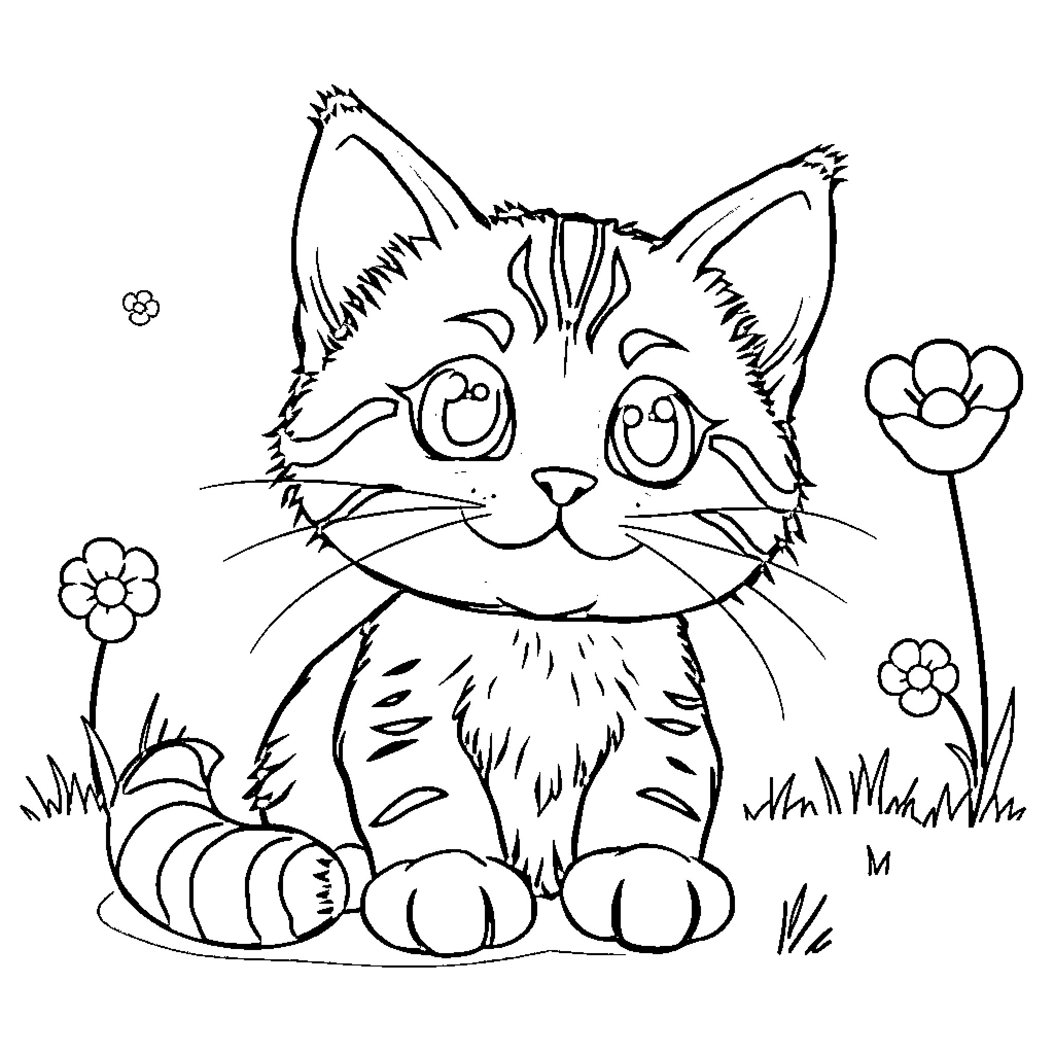 Cat relaxing in a flowery meadow Coloring Page (free black-and-white line drawing printable PDF for all, from beginners to advanced learners, including children, teens, adults, and seniors)