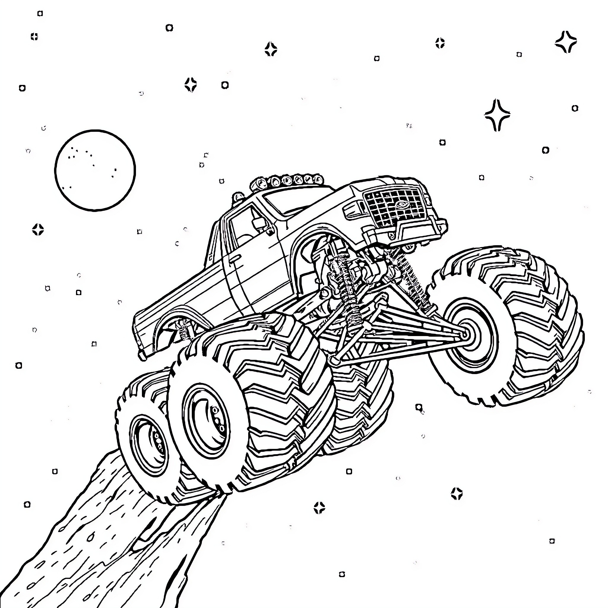 Monster Truck Conquering Rugged Terrain Under the Starry Sky Coloring Page (free black-and-white line drawing printable PDF for all, from beginners to advanced learners, including children, teens, adults, and seniors)