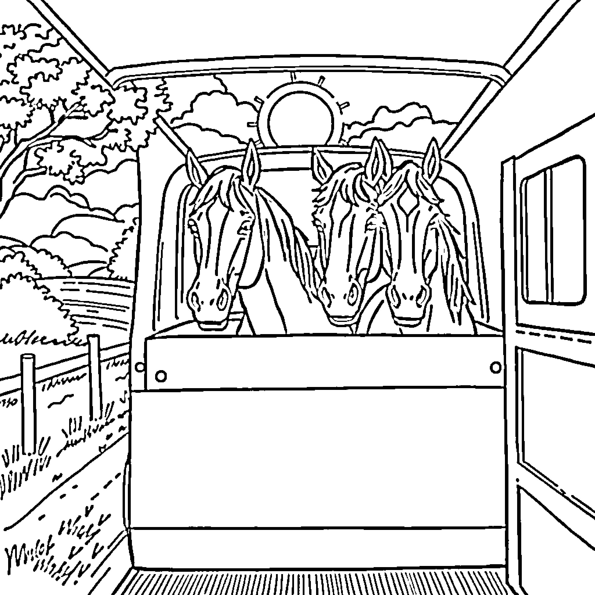 Horse-drawn carriage transporting horses through the countryside Coloring Page (free black-and-white line drawing printable PDF for all, from beginners to advanced learners, including children, teens, adults, and seniors)