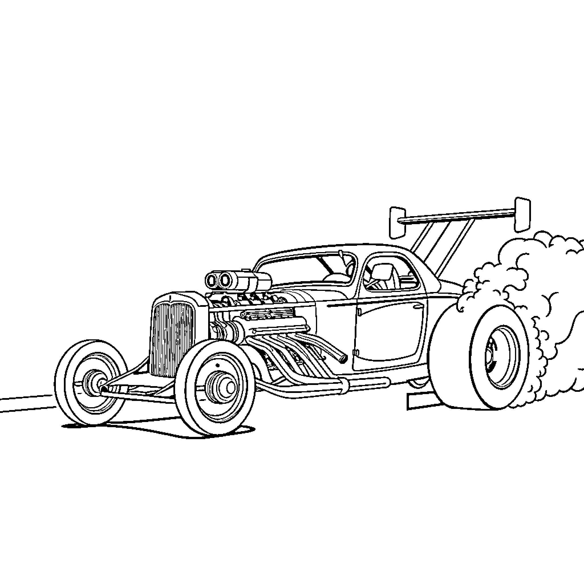 Dragster racing with speed and power Coloring Page (free black-and-white line drawing printable PDF for all, from beginners to advanced learners, including children, teens, adults, and seniors)