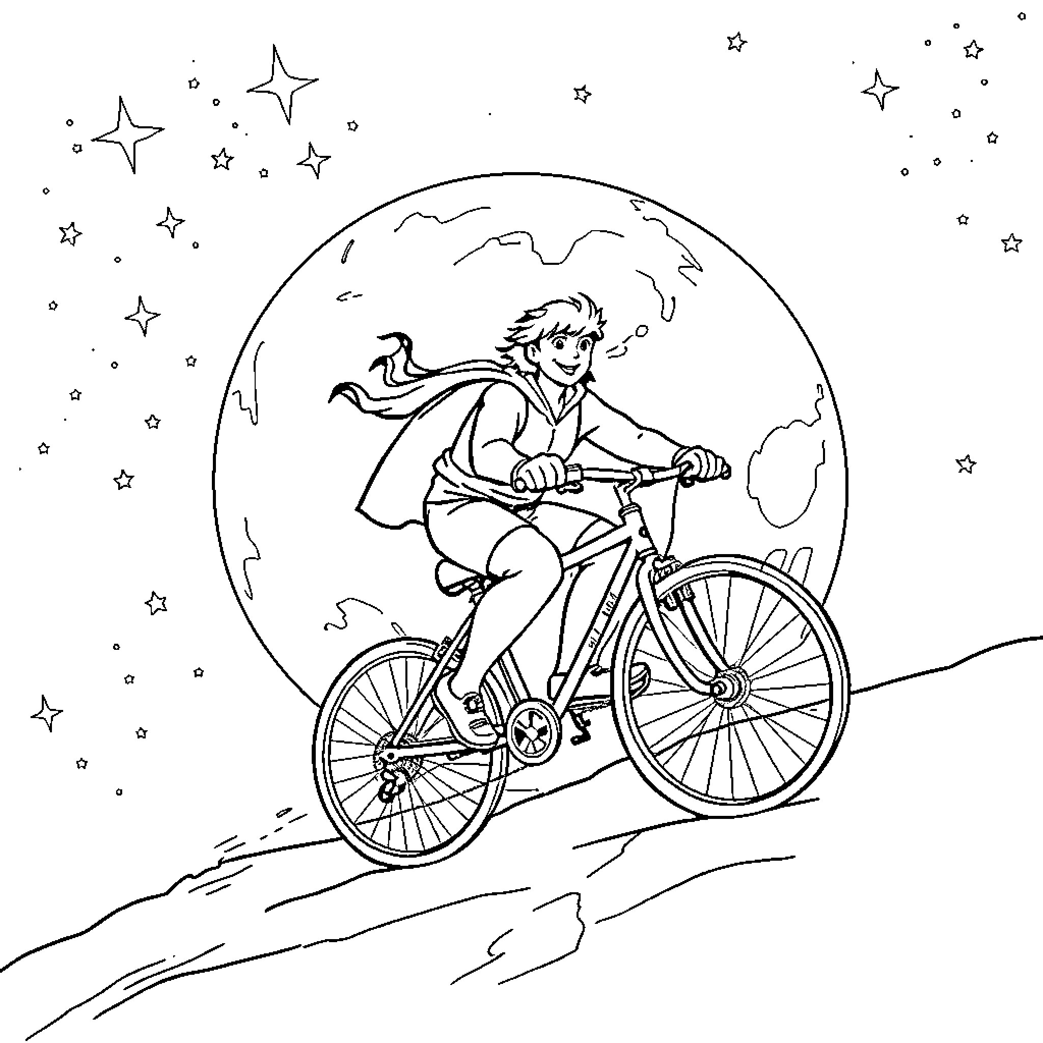 Conan's Cosmic Cycling Adventure Coloring Page (free black-and-white line drawing printable PDF for all, from beginners to advanced learners, including children, teens, adults, and seniors)