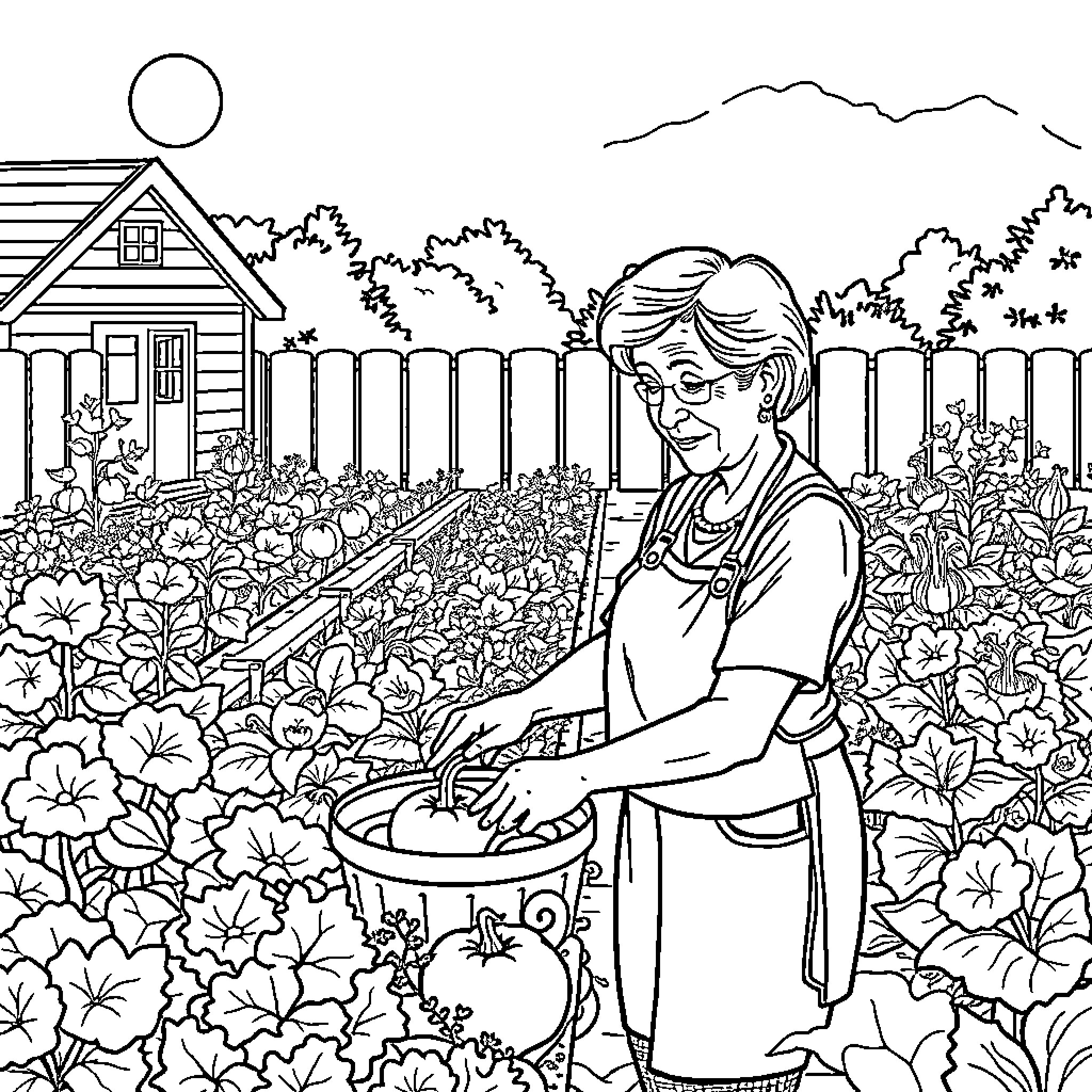 Woman tending to her lush garden Coloring Page (free black-and-white line drawing printable PDF for all, from beginners to advanced learners, including children, teens, adults, and seniors)