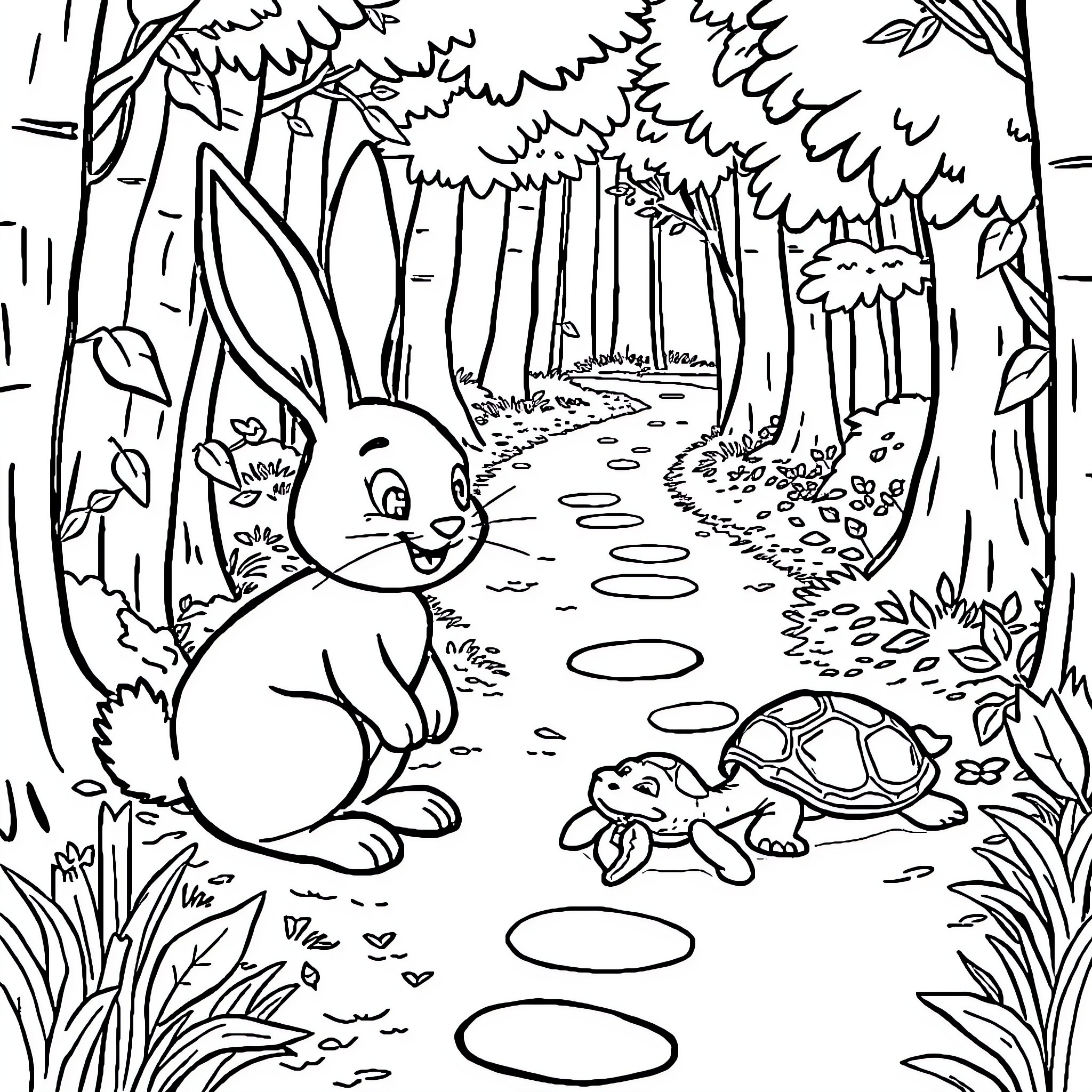 Bunny Exploring the Enchanted Forest Coloring Page (free black-and-white line drawing printable PDF for all, from beginners to advanced learners, including children, teens, adults, and seniors)