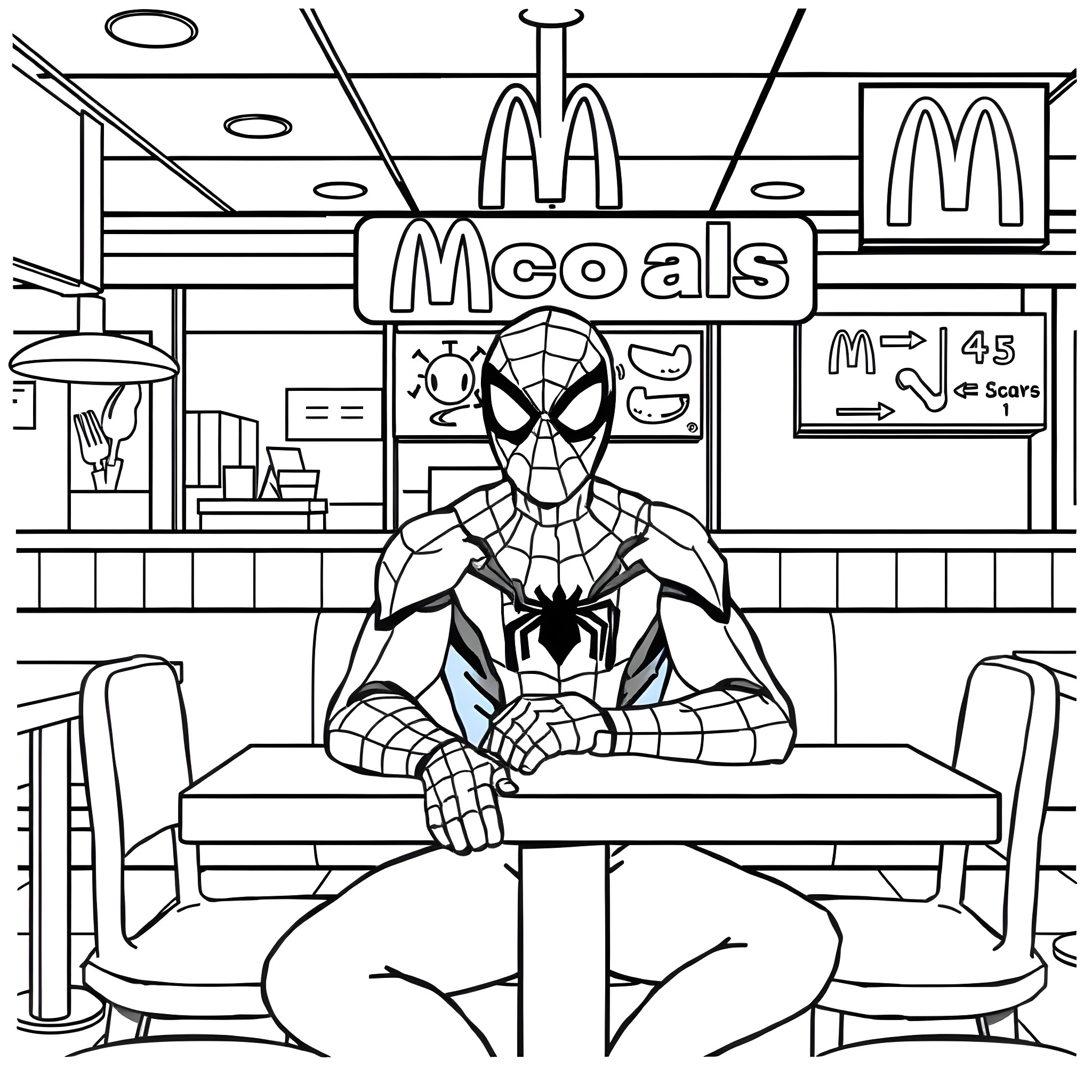 Spiderman relaxing in a fast food restaurant Coloring Page (free black-and-white line drawing printable PDF for all, from beginners to advanced learners, including children, teens, adults, and seniors)