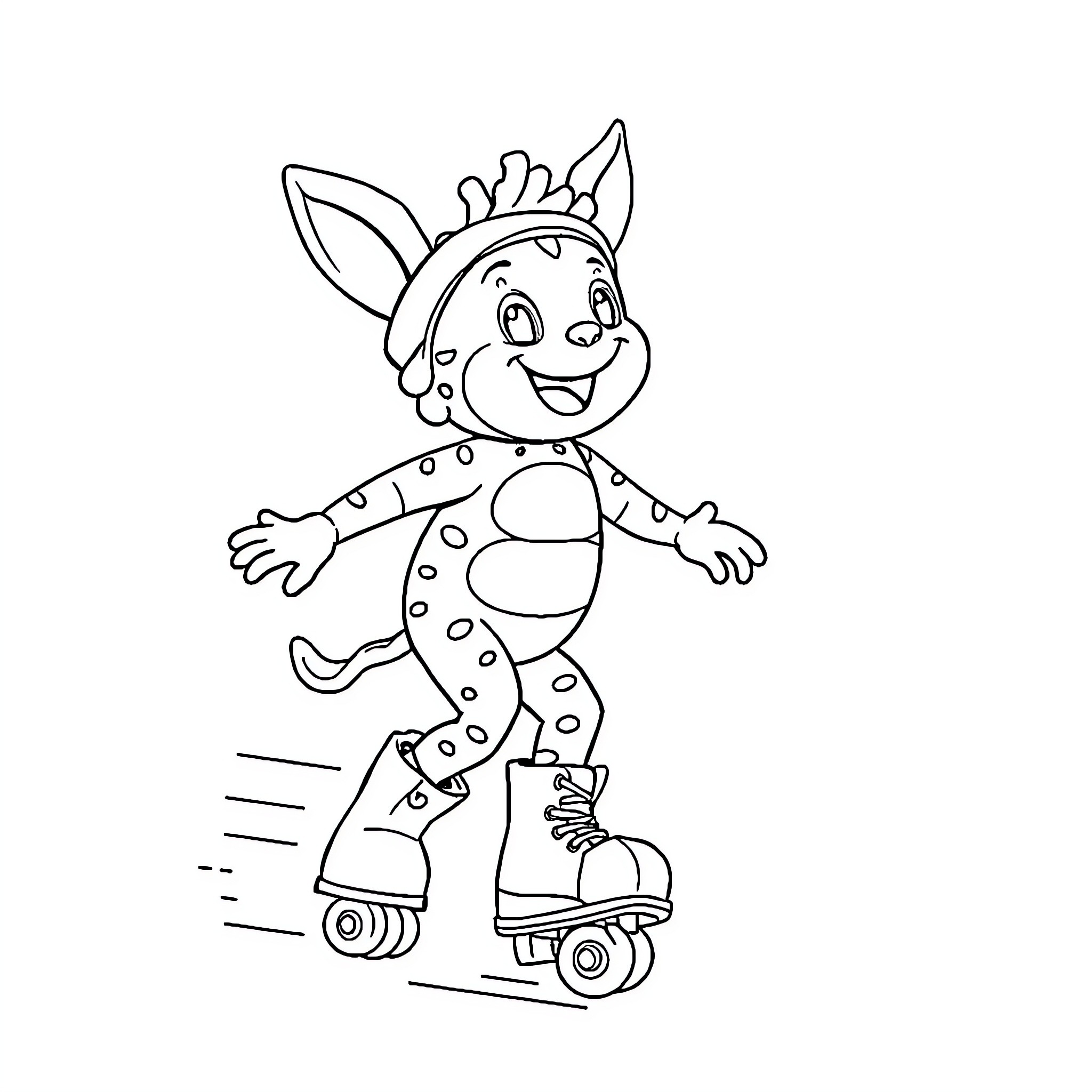 Labubu rollerblading with a cheerful expression Coloring Page (free black-and-white line drawing printable PDF for all, from beginners to advanced learners, including children, teens, adults, and seniors)