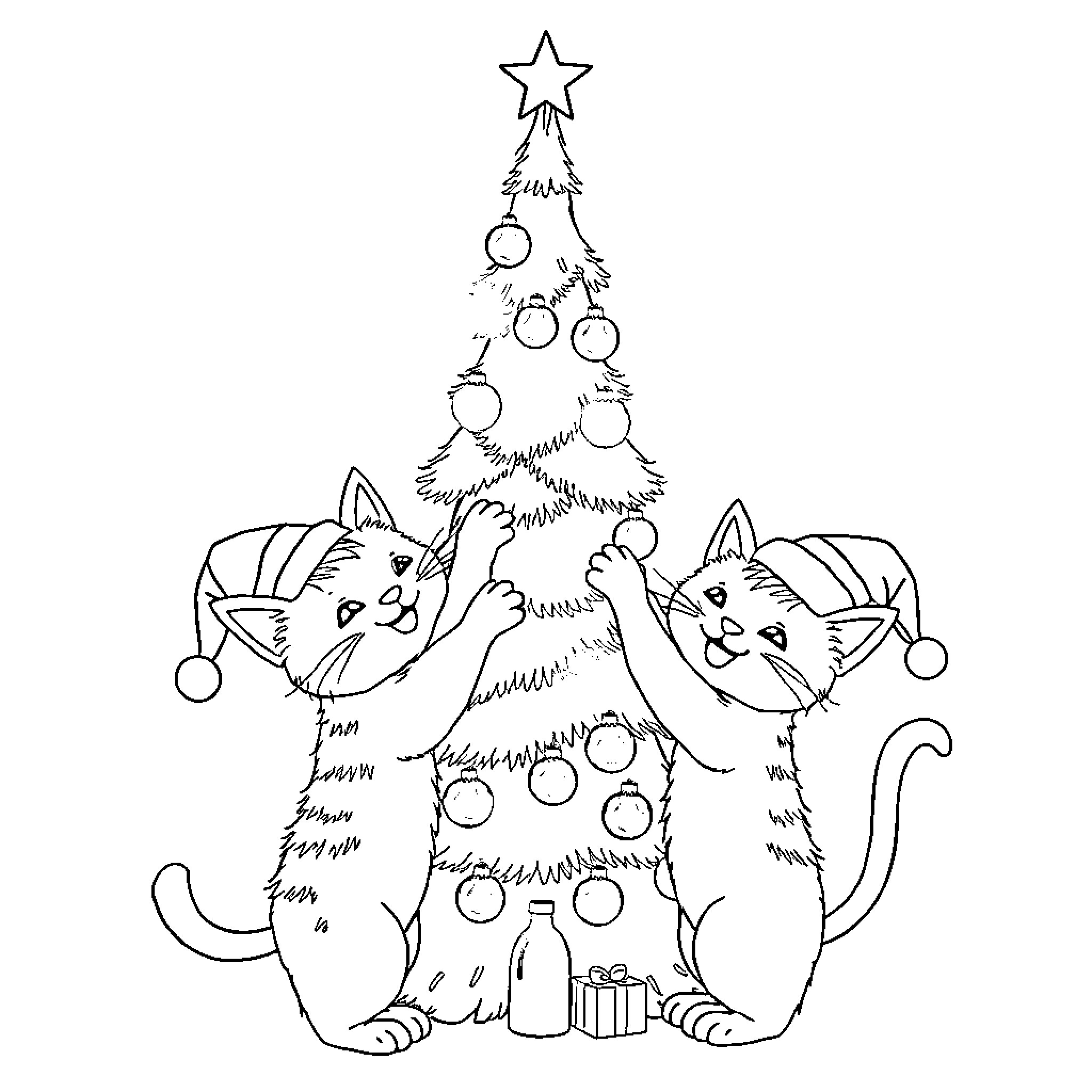 Cats decorating a Christmas tree Coloring Page (free black-and-white line drawing printable PDF for all, from beginners to advanced learners, including children, teens, adults, and seniors)