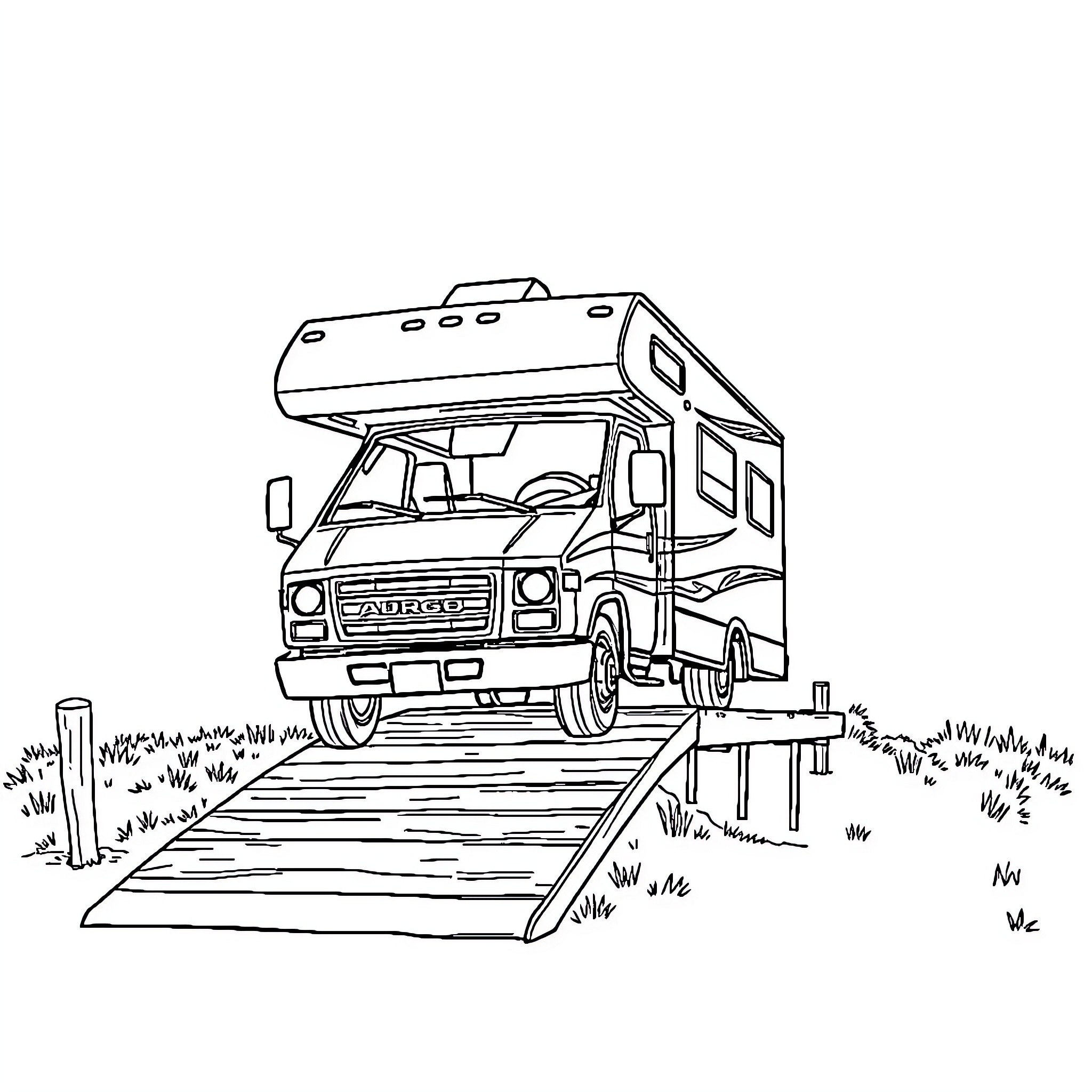 RV traveling across a wooden bridge in nature Coloring Page (free black-and-white line drawing printable PDF for all, from beginners to advanced learners, including children, teens, adults, and seniors)