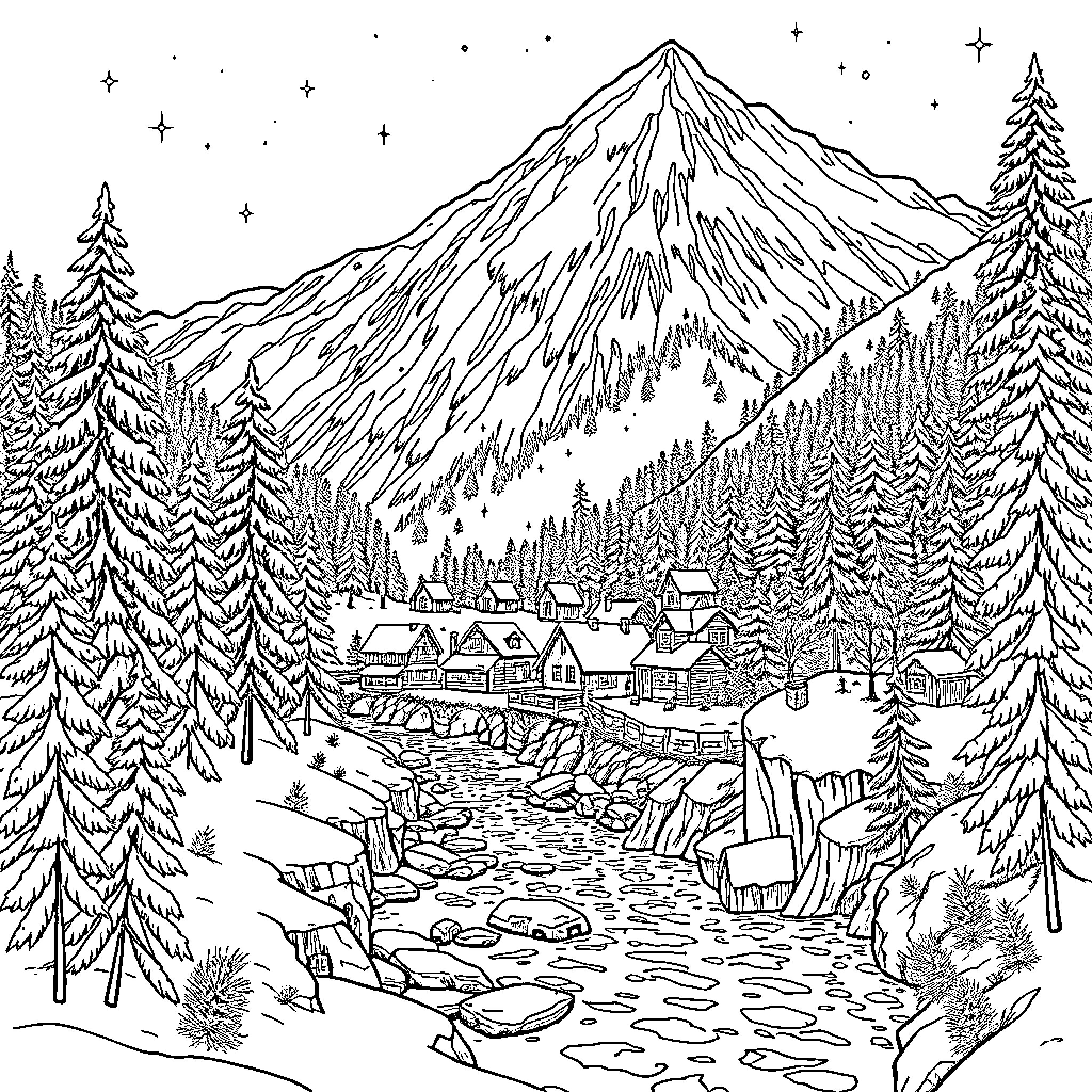 Village nestled in snowy mountain landscape Coloring Page (free black-and-white line drawing printable PDF for all, from beginners to advanced learners, including children, teens, adults, and seniors)