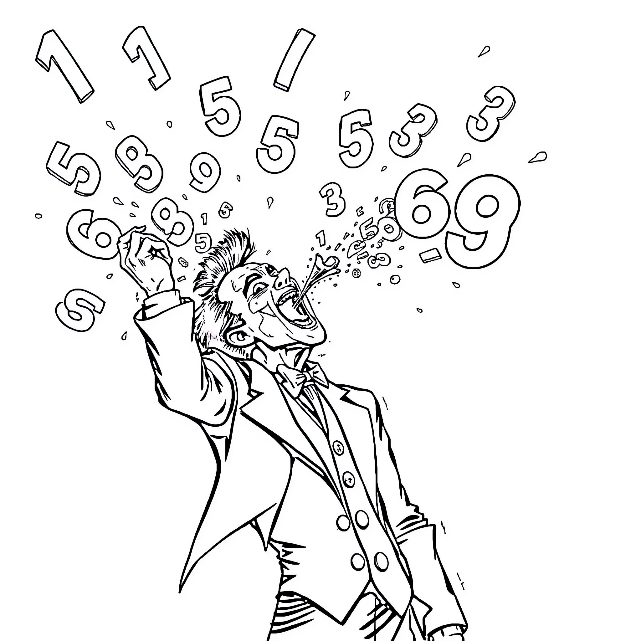 Joker Surrounded by Exploding Numbers Coloring Page (free black-and-white line drawing printable PDF for all, from beginners to advanced learners, including children, teens, adults, and seniors)