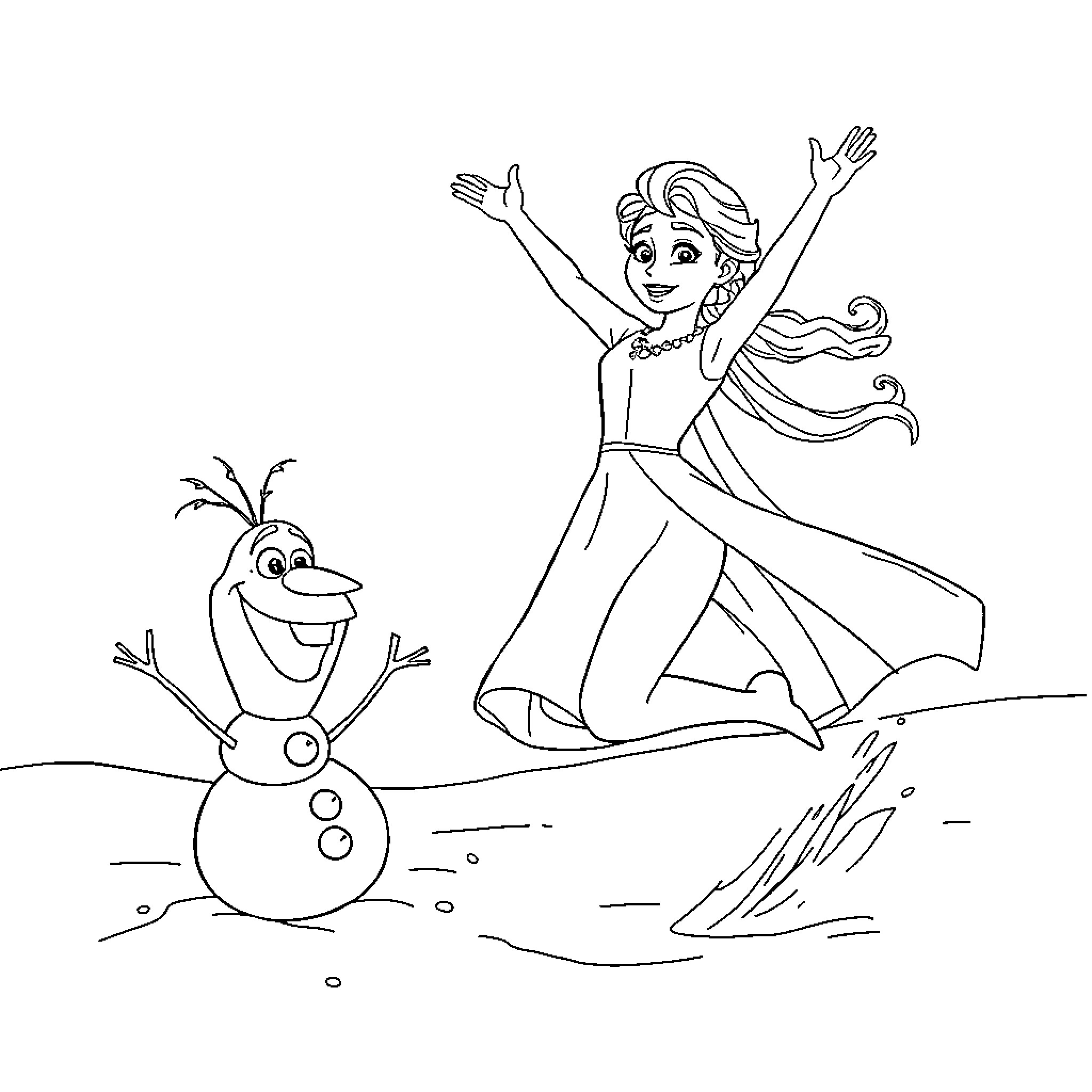 Elsa dancing joyfully with Olaf in the snow Coloring Page (free black-and-white line drawing printable PDF for all, from beginners to advanced learners, including children, teens, adults, and seniors)