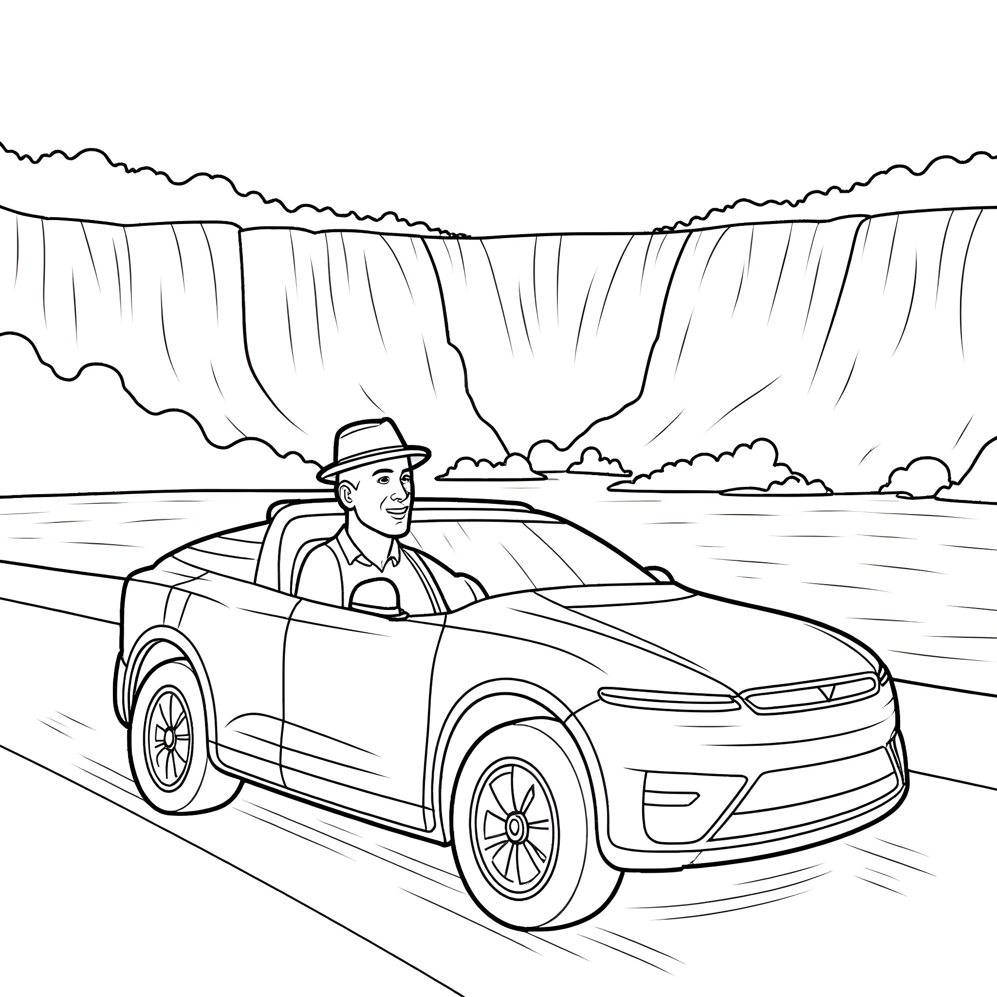 Guy driving car along scenic waterfall landscape Coloring Page (free black-and-white line drawing printable PDF for all, from beginners to advanced learners, including children, teens, adults, and seniors)