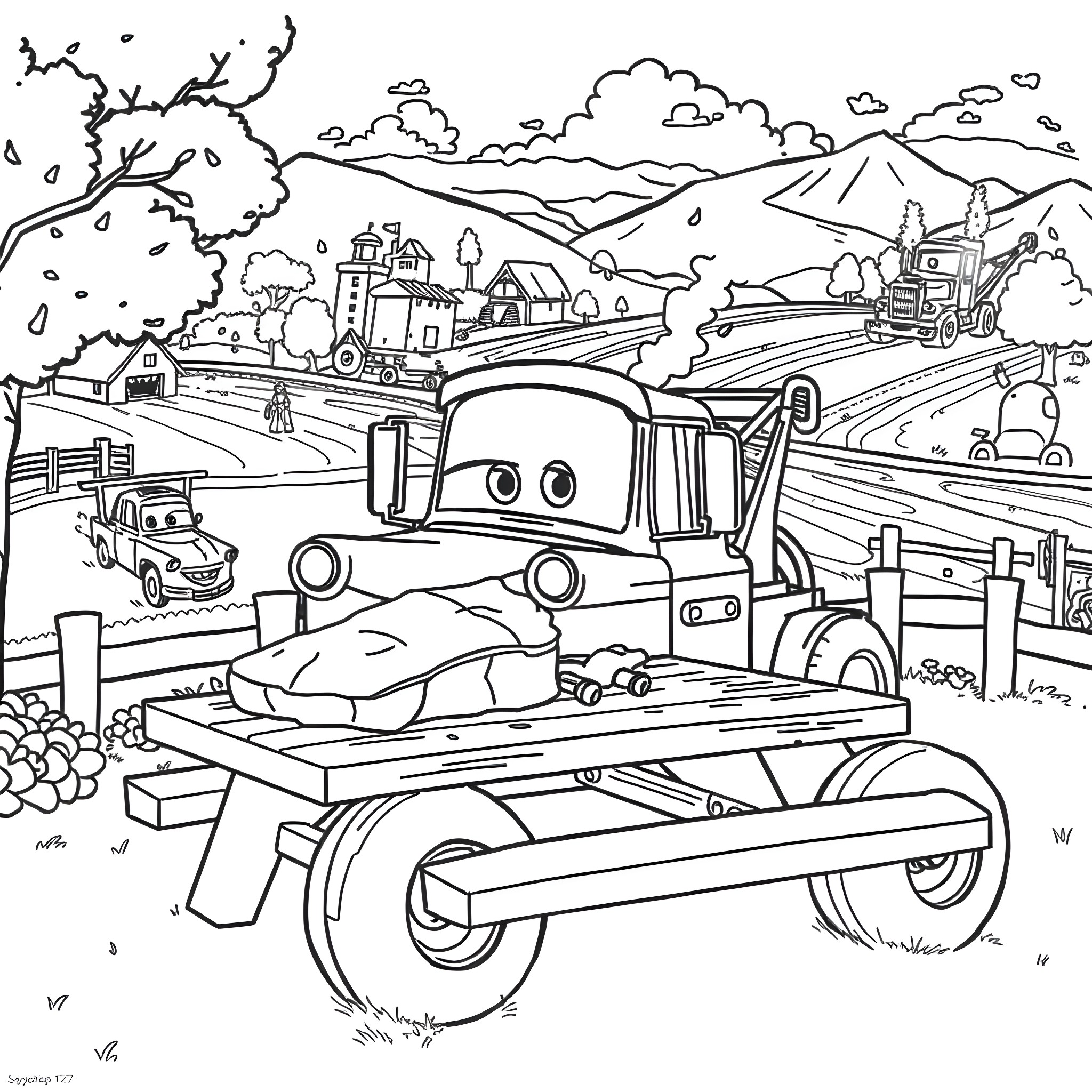 Mater helping with repairs in the country Coloring Page (free black-and-white line drawing printable PDF for all, from beginners to advanced learners, including children, teens, adults, and seniors)
