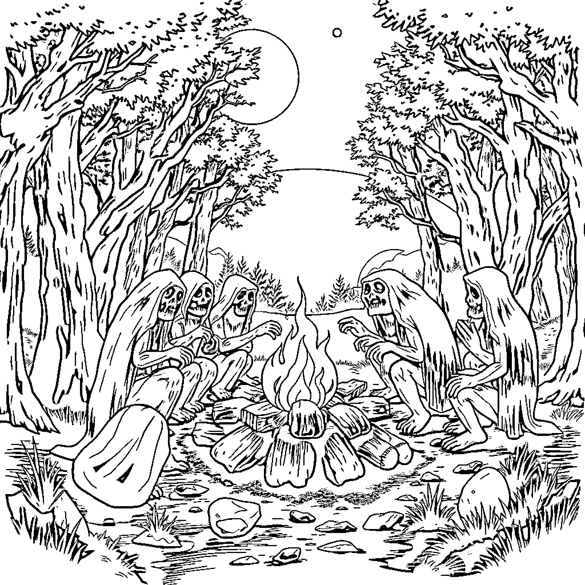 Cryptid creatures gathering around a campfire in a forest Coloring Page (free black-and-white line drawing printable PDF for all, from beginners to advanced learners, including children, teens, adults, and seniors)