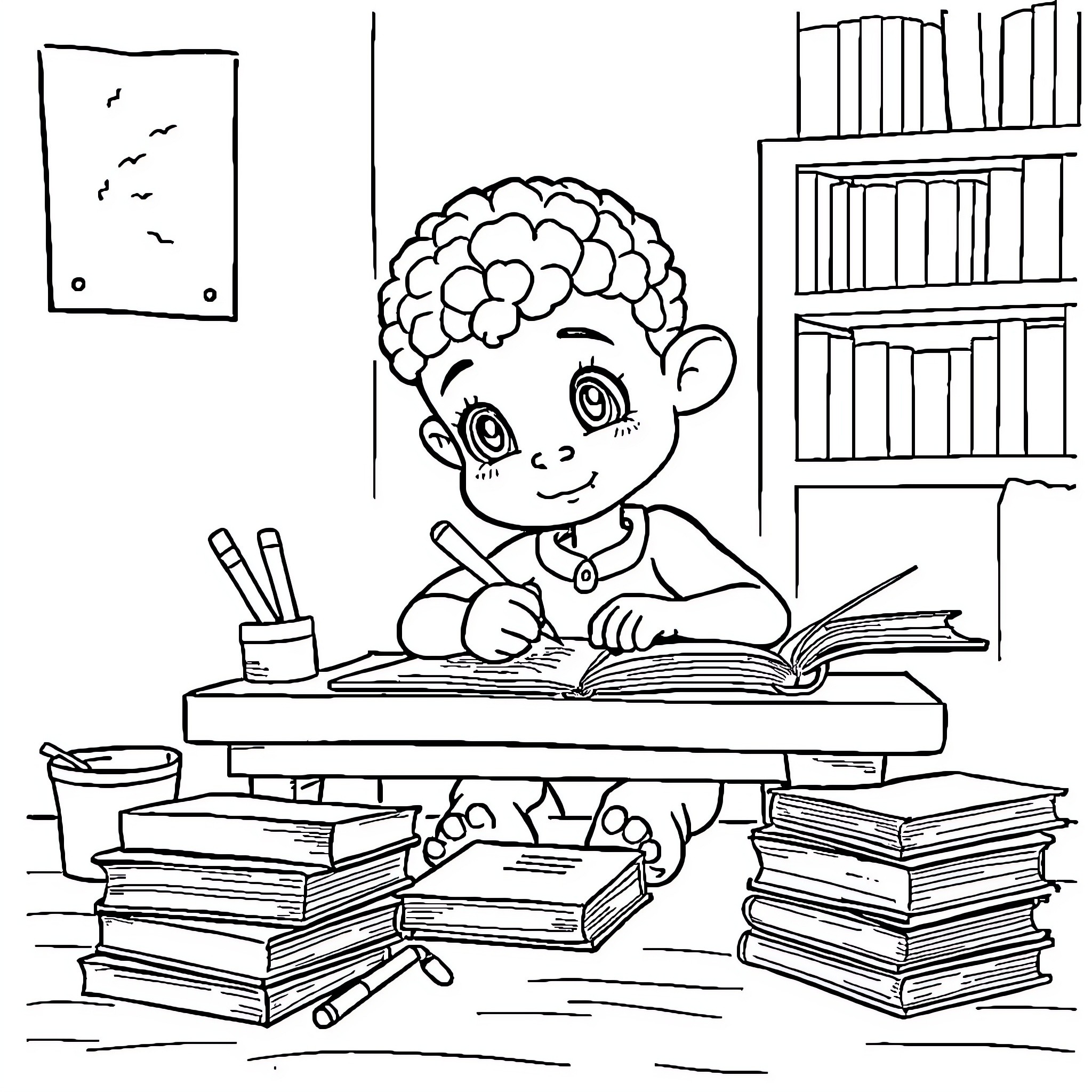 Labubu studying diligently at the library Coloring Page (free black-and-white line drawing printable PDF for all, from beginners to advanced learners, including children, teens, adults, and seniors)