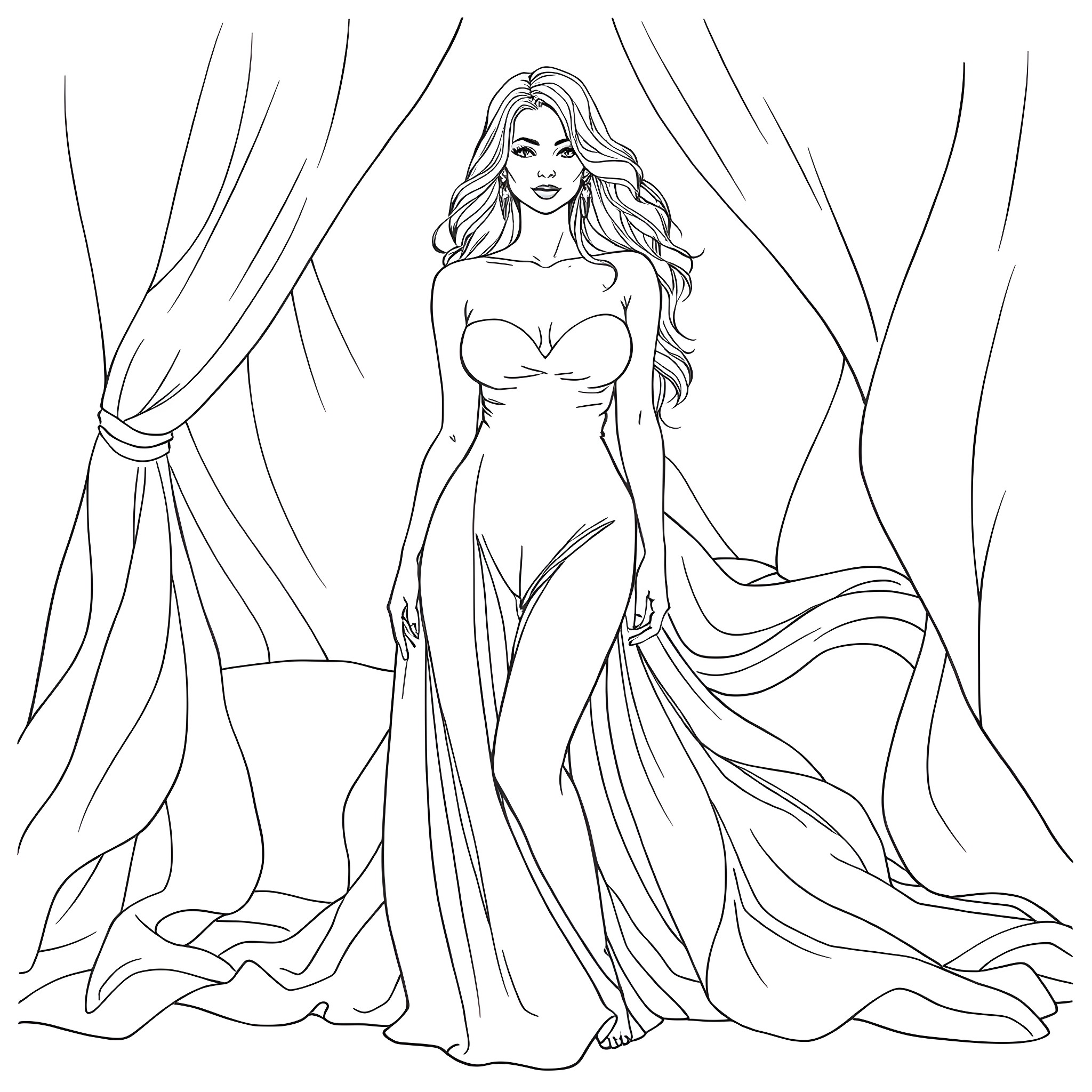Woman in a flowing evening gown posing on a stage Coloring Page (free black-and-white line drawing printable PDF for all, from beginners to advanced learners, including children, teens, adults, and seniors)