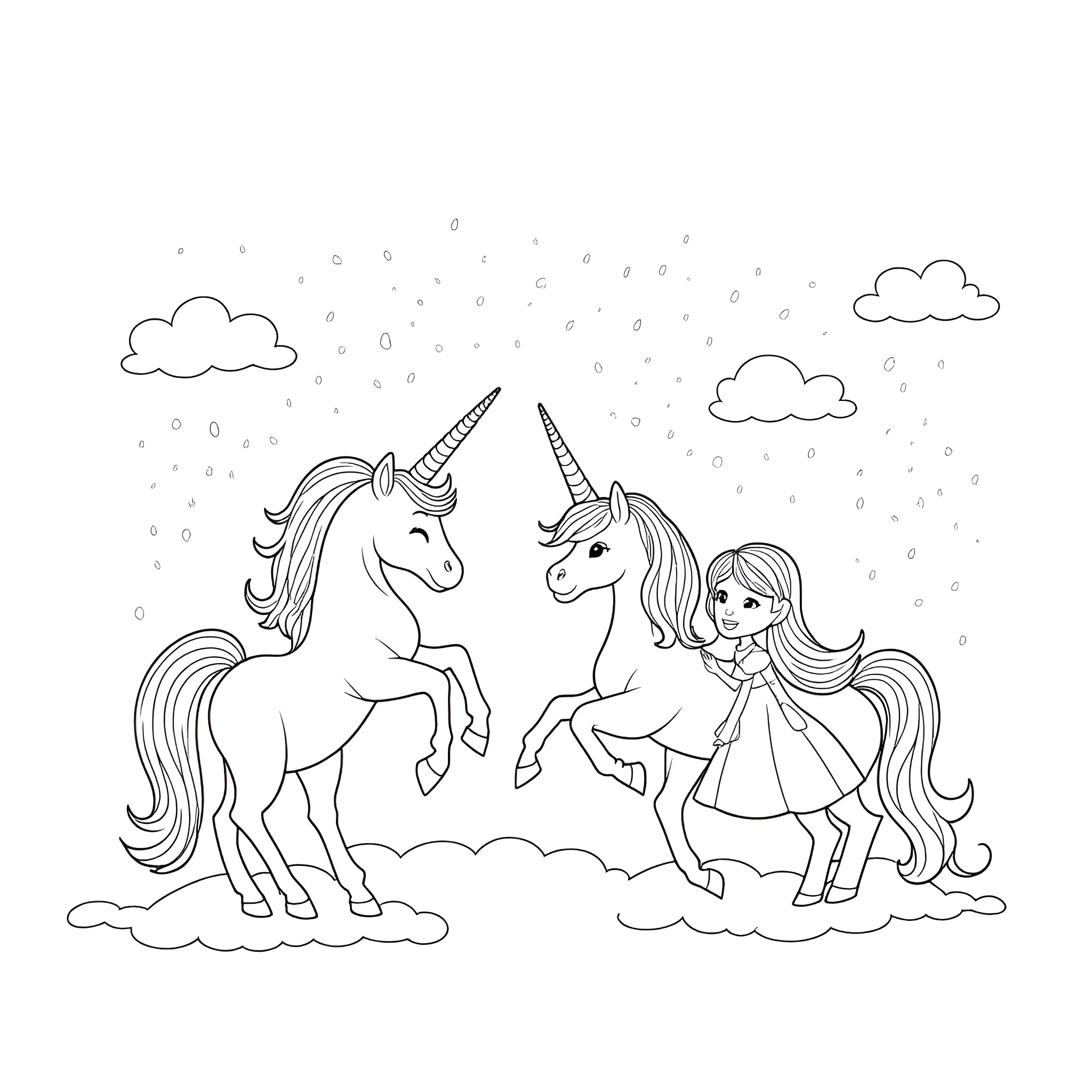 Unicorn friends playing in the snowy meadow Coloring Page (free black-and-white line drawing printable PDF for all, from beginners to advanced learners, including children, teens, adults, and seniors)
