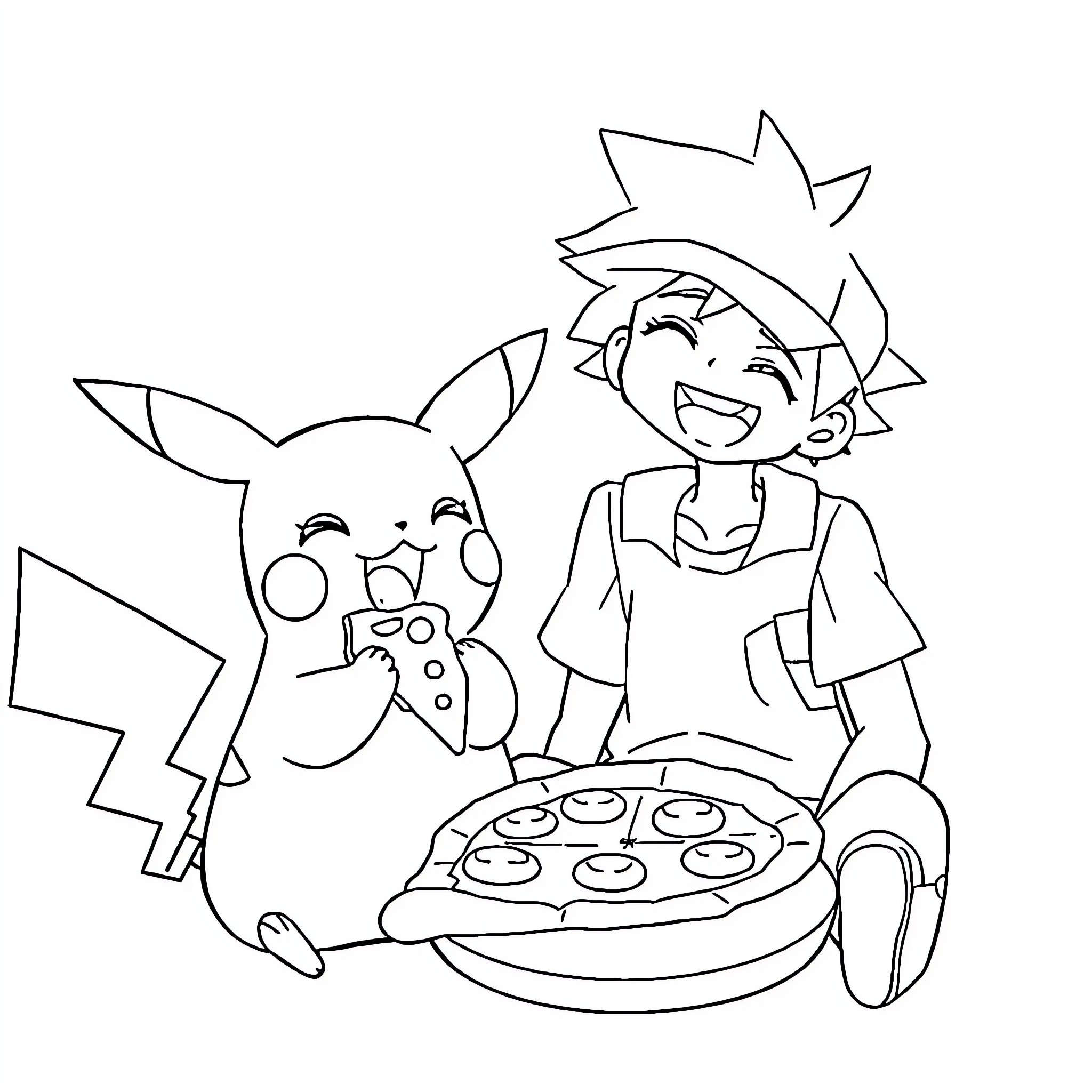 Pikachu enjoying pizza with a happy trainer Coloring Page (free black-and-white line drawing printable PDF for all, from beginners to advanced learners, including children, teens, adults, and seniors)