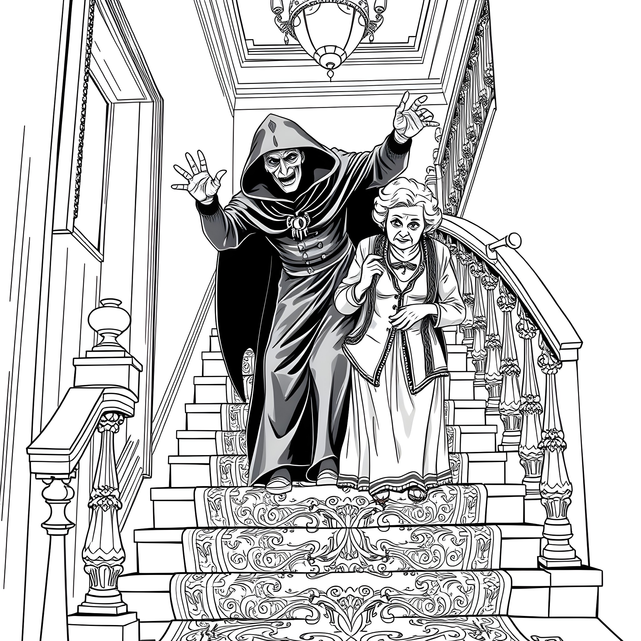 Grandma and the Grim Reaper ascending the stairs Coloring Page (free black-and-white line drawing printable PDF for all, from beginners to advanced learners, including children, teens, adults, and seniors)