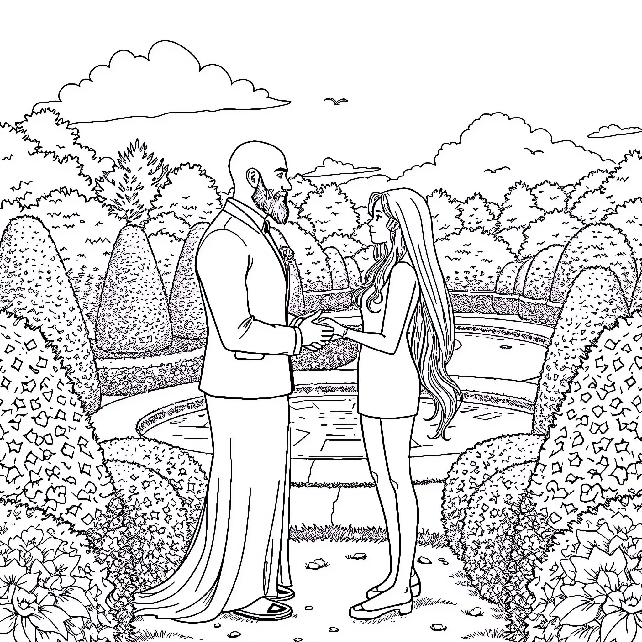Man and woman enjoying a romantic garden walk Coloring Page (free black-and-white line drawing printable PDF for all, from beginners to advanced learners, including children, teens, adults, and seniors)