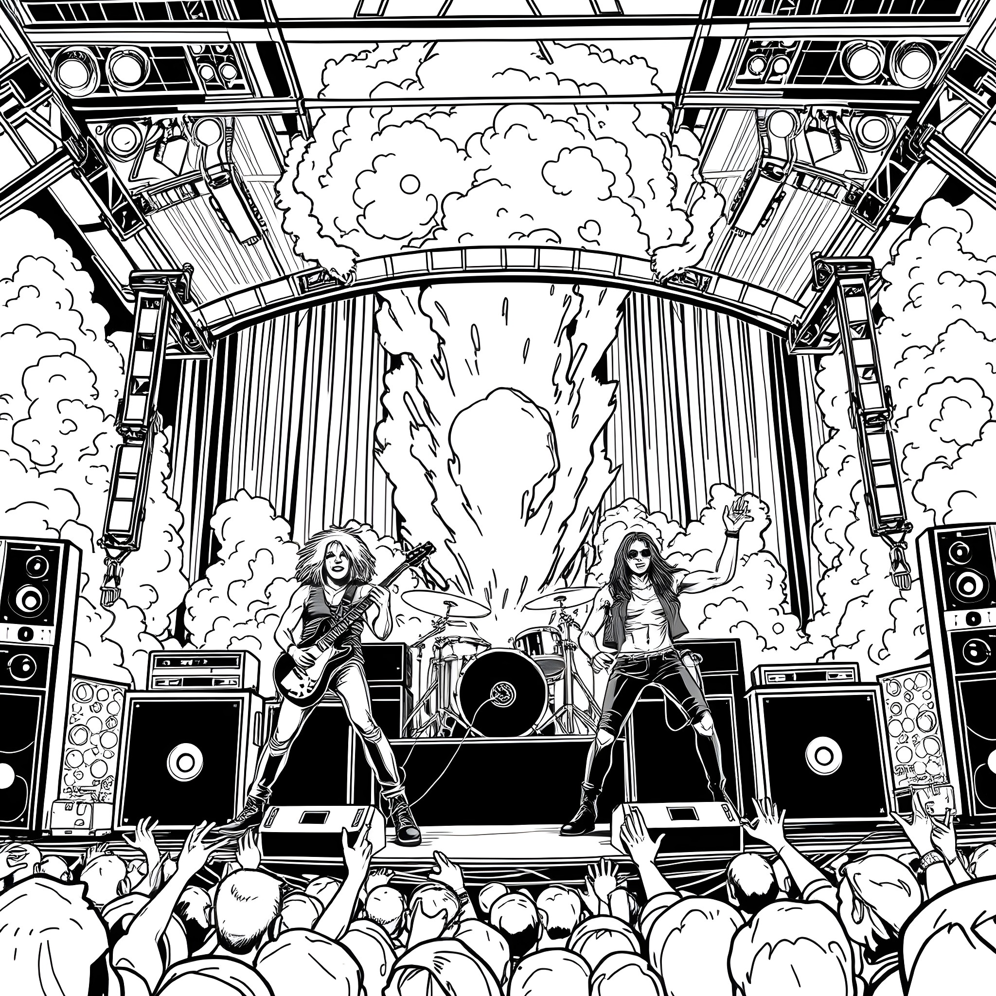 Band performing on stage with energetic crowd Coloring Page (free black-and-white line drawing printable PDF for all, from beginners to advanced learners, including children, teens, adults, and seniors)