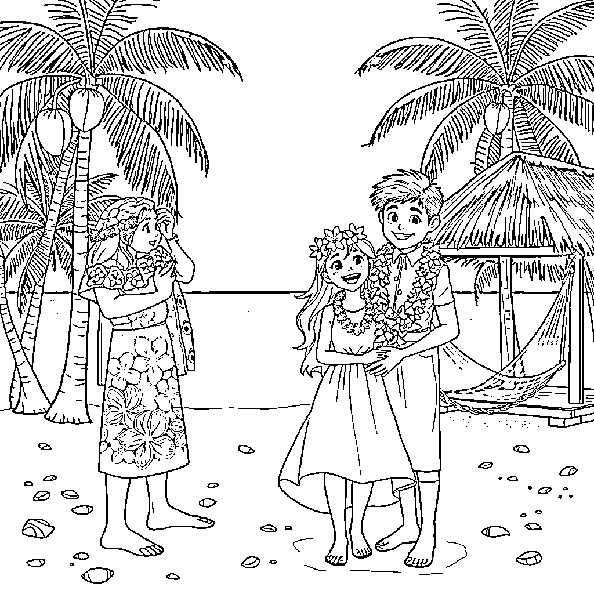 Boy and girl enjoying tropical beach vacation Coloring Page (free black-and-white line drawing printable PDF for all, from beginners to advanced learners, including children, teens, adults, and seniors)