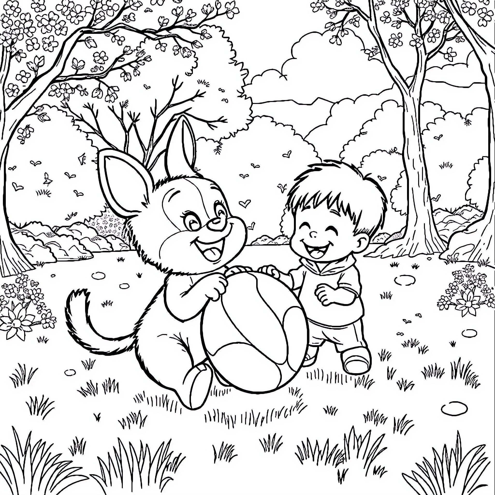 Tchoupie and the curious boy explore the enchanted forest Coloring Page (free black-and-white line drawing printable PDF for all, from beginners to advanced learners, including children, teens, adults, and seniors)