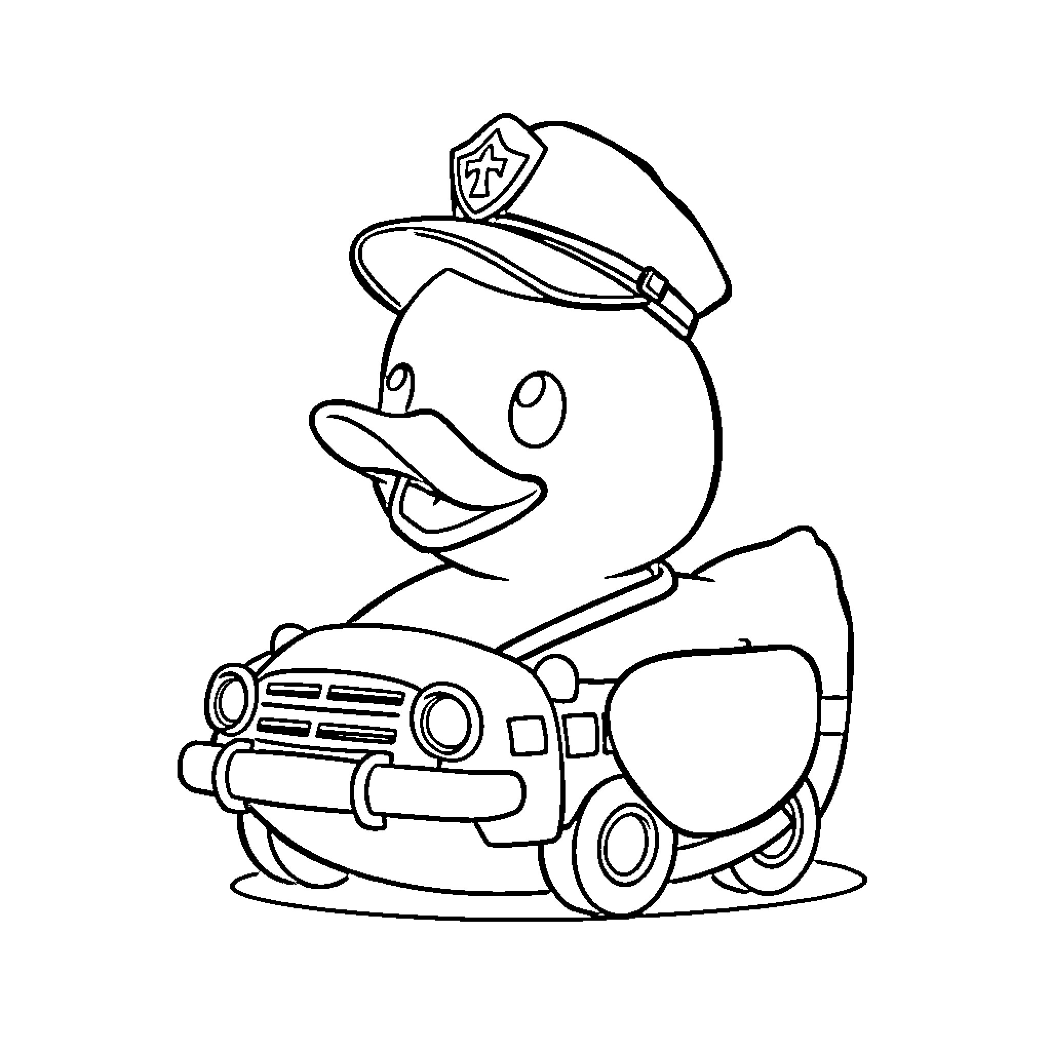 Rubber Ducky police officer with patrol car Coloring Page (free black-and-white line drawing printable PDF for all, from beginners to advanced learners, including children, teens, adults, and seniors)