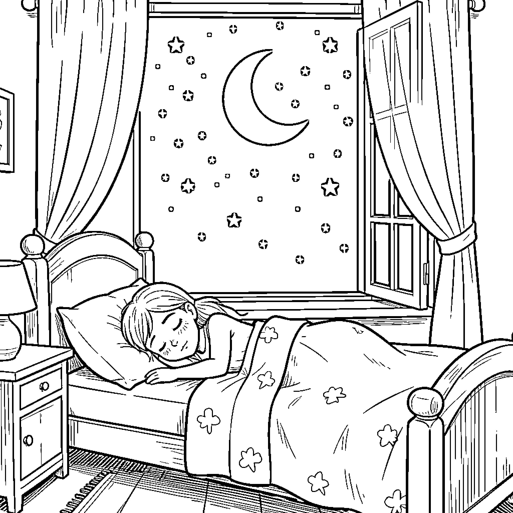 Nina's Peaceful Slumber under the Starry Night Coloring Page (free black-and-white line drawing printable PDF for all, from beginners to advanced learners, including children, teens, adults, and seniors)